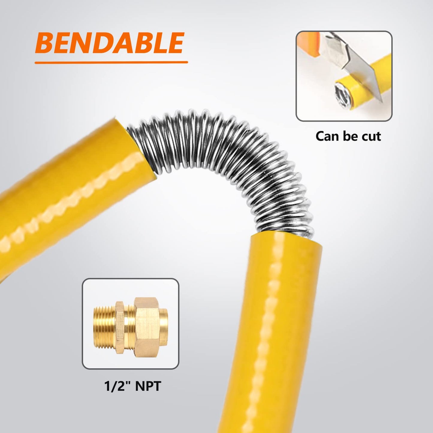 Grehitk 100ft 3/4'' Flexible Gas Line, CSST Corrugated Stainless Steel Tubing Pipe Kit, Natural Gas Line Propane Pipe Conversion Kit Grill Hose with 2 Male Adapter Fittings (100ft 3/4'')