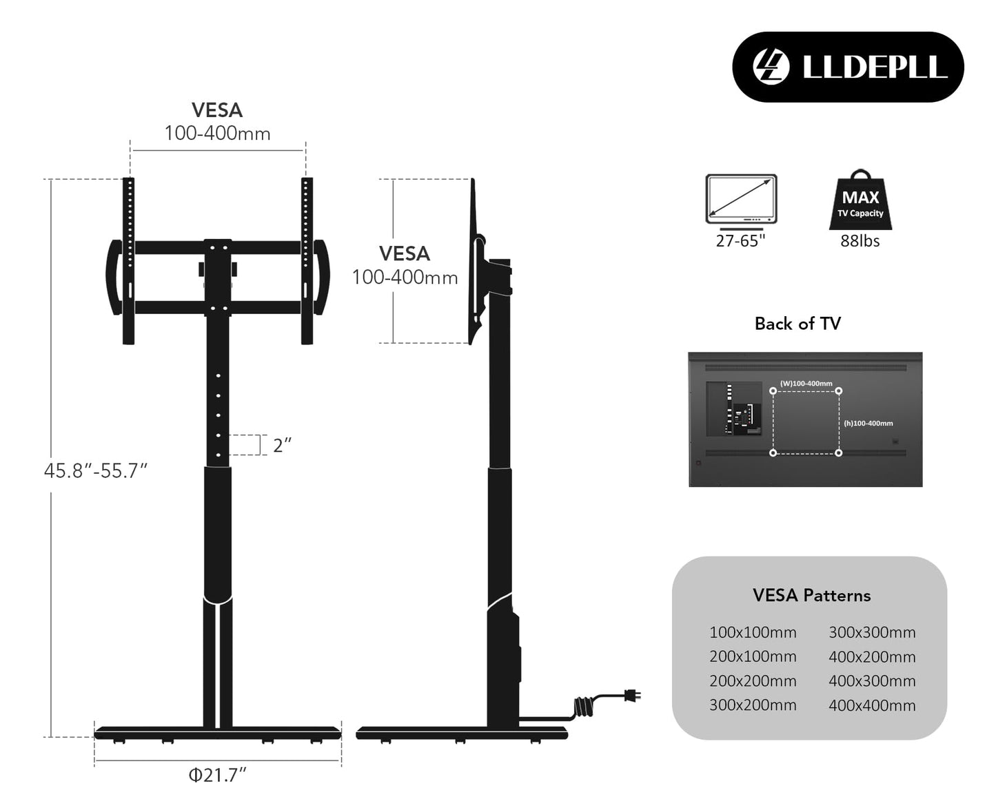 LLDEPLL Floor Mobile TV Stand with Power Outlet, Rolling TV Cart for 27-65 Inch OLED LED Monitors, 6 Levels of Height Adjustment, Ambient Lighting on The Bottom Wheels Holds up to 88lbs, 400x400mm