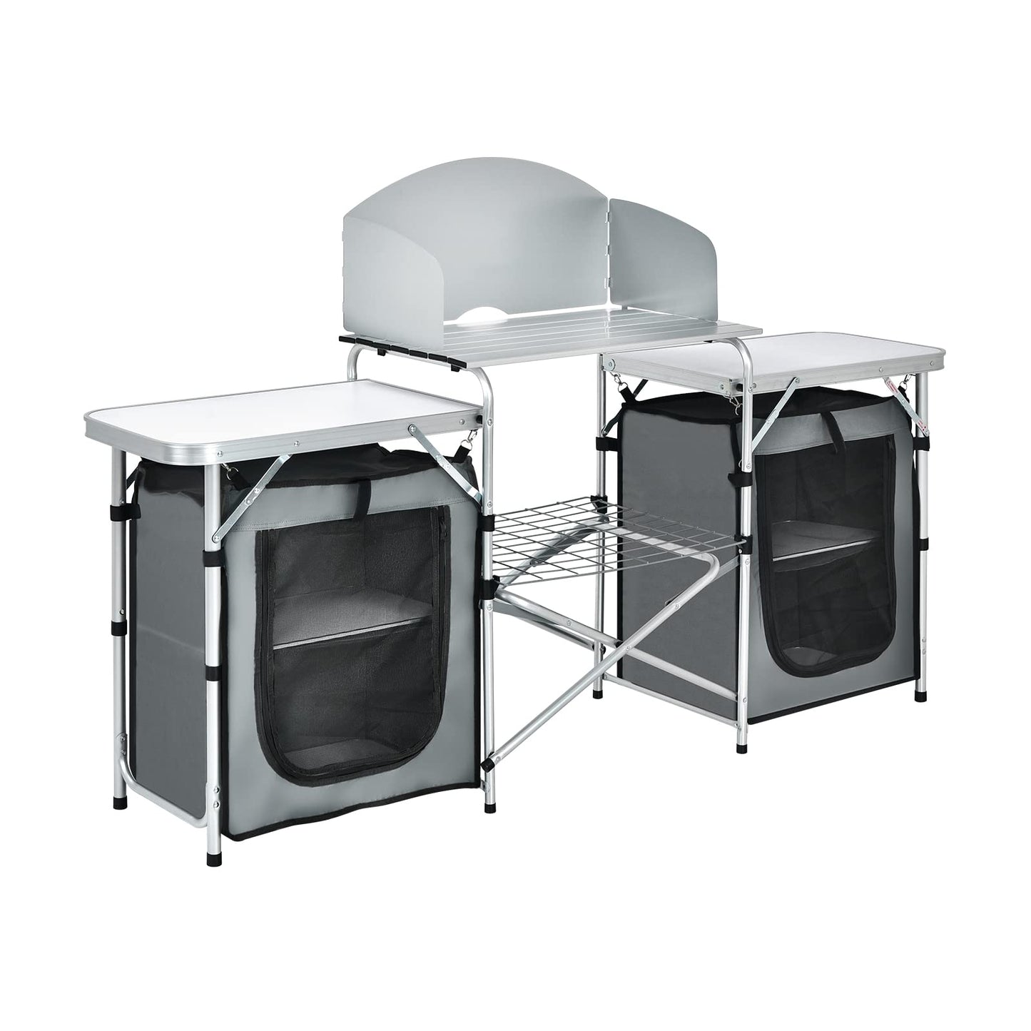 Giantex Camping Kitchen Station, Folding Grill Table with 26'' Tabletop, 2 Side Tables, Storage Organizer, Detachable Windscreen, Portable Camp Cook Outdoor Prep Station Backyard BBQ Picnic (Grey)
