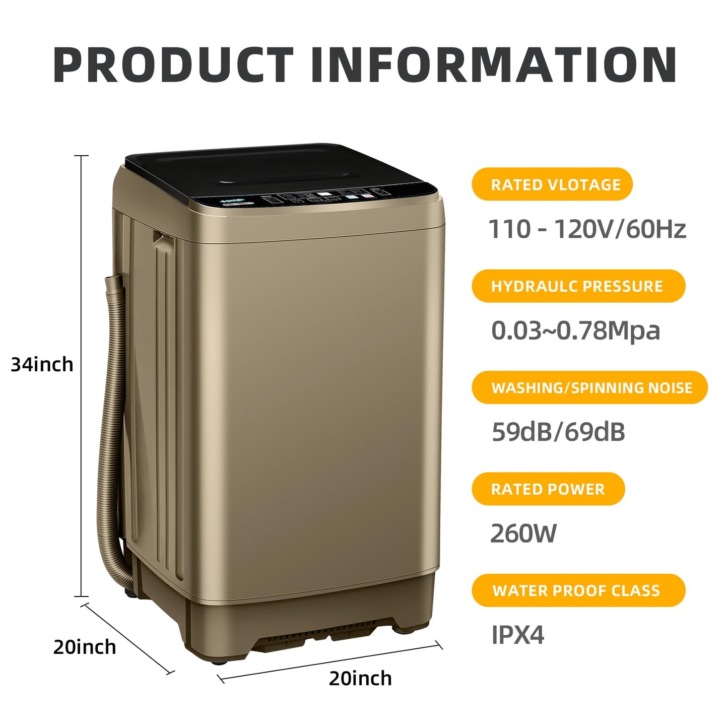 Zyerch Portable Washing Machine 17.7lbs Full-Automatic Compact Washing Machine for Apartment, 10 Wash Program Small Washer for Dorm, Portable Washer for RV, Home, Gold