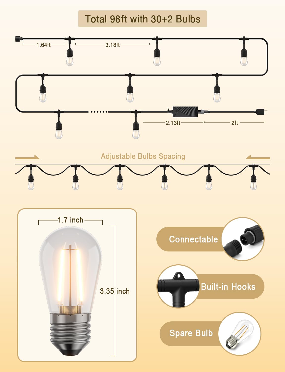 XMCOSY+ Smart LED String Lights for Outside 144Ft with 45 Dimmable Edison Bulbs Waterproof Shatterproof