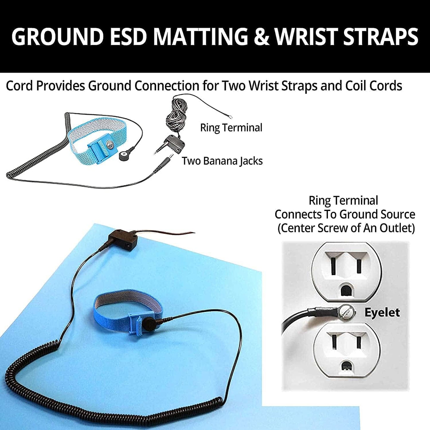 RubberStat Dual Layer ESD Compliant Workstation Rubber Table Mat Kit, Soldering, Cell Phone Repair, with Wrist Strap Set and Ground Cord - 24"x72" Grey