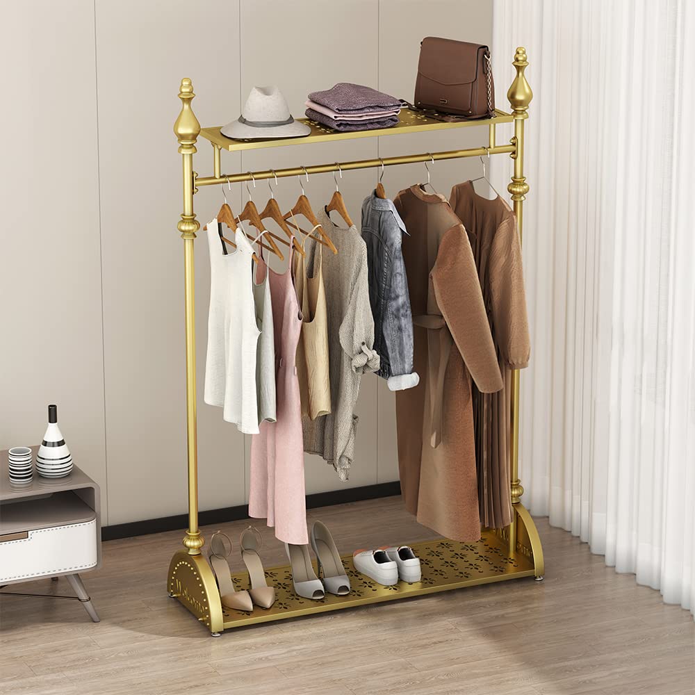 Clothing Rack Gold, Industrial Clothes Rack for hanging Clothes with Double Shelves Freestanding Multi-functional Heavy Duty Garment Rack, Metal Movable Coat Rack for Organizing Clothes Shoes