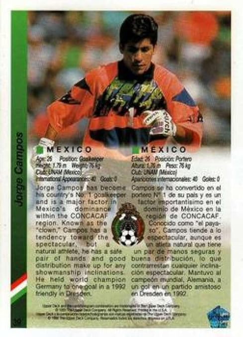 1993 Upper Deck World Cup Preview (English/Spanish) #39 Jorge Campos RC Mexico Official FIFA WC Soccer Card in Raw (NM or Better) Condition