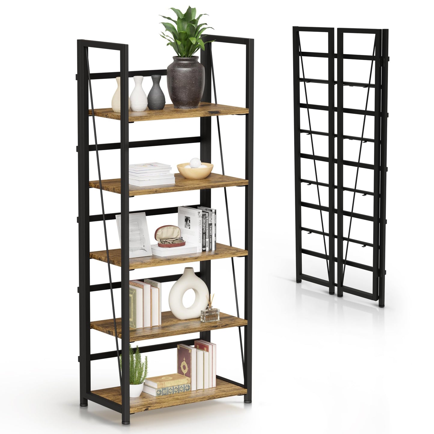 5 Tier Wood Book Shelf Organizer, No Assembly Bookshelf for Bedroom Living Room Office, Rustic Foldable Book Case, Tall Bookshelves, Open Book Shelves, Decorative Folding Shelf Display, Tall Bookcase