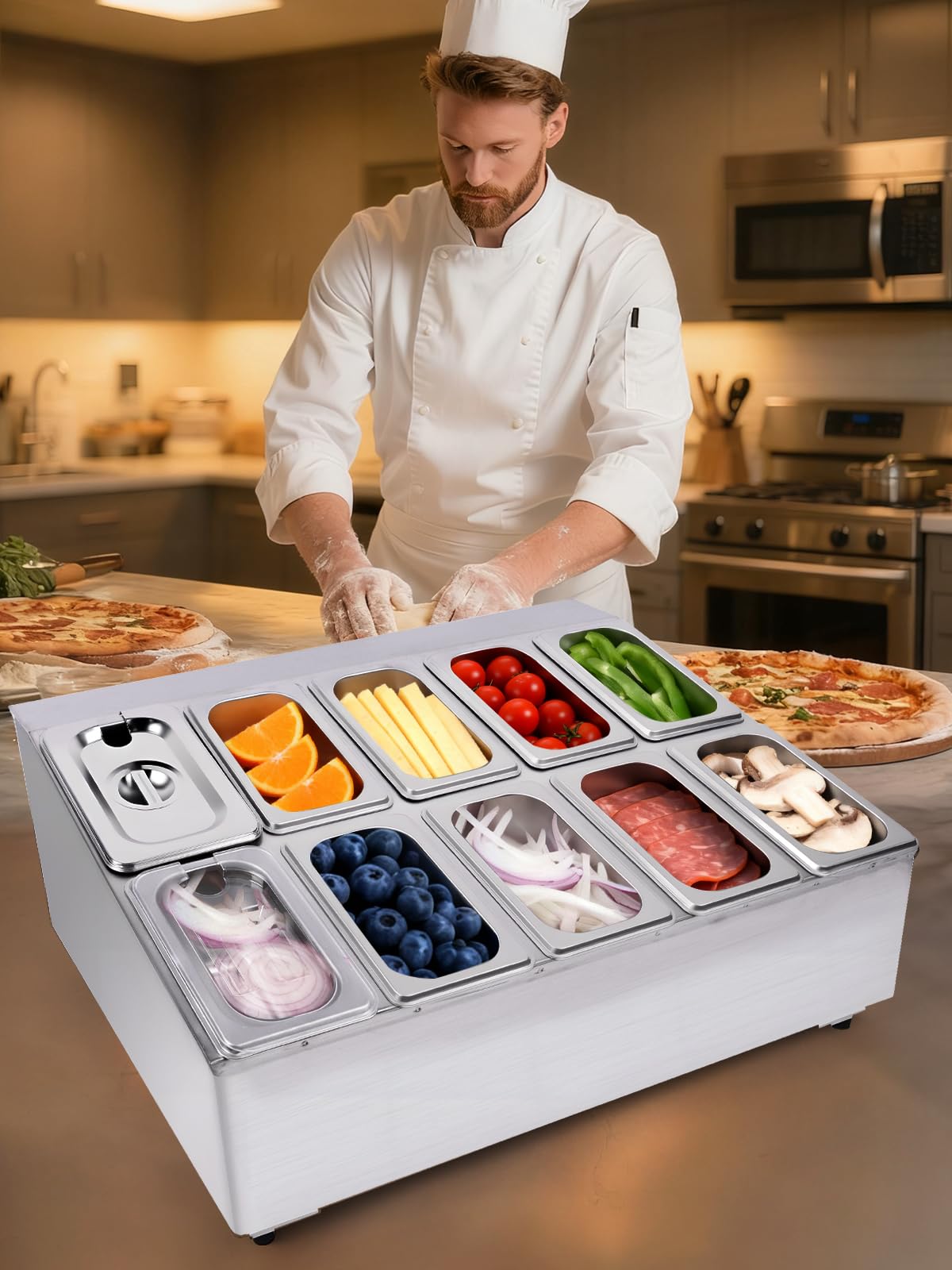 Lanstics Pizza Topping Station 10 Pans Pizza Storage Container Topping containers with Lids Spoon Condiment Organizers Buffet Containers Set for Restaurant Pizza Sauce Jam Fruit Ingredient