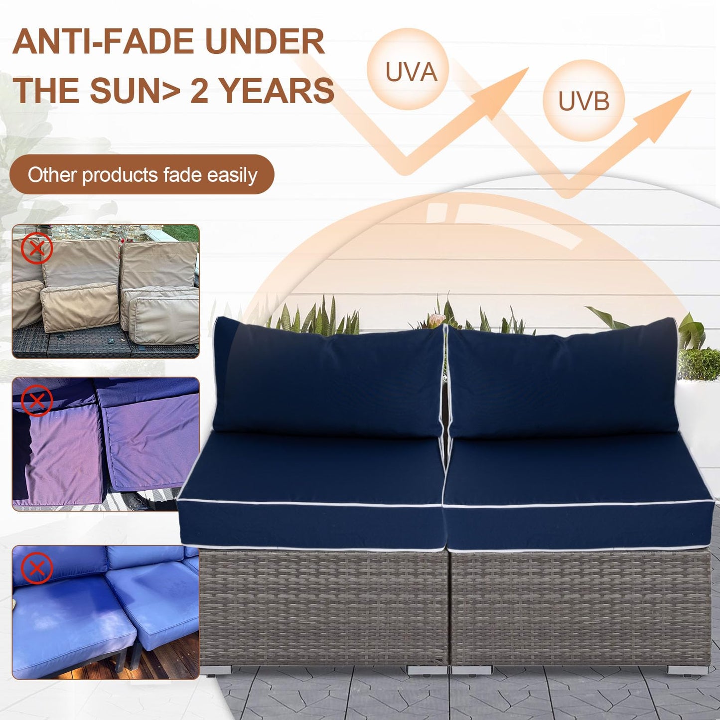 14 Piece Outdoor Patio Cushion Covers Replacement, Waterproof Outdoor Furniture Cushion Covers, Fit 7 Pcs 6 Seater Wicker Rattan Conversation Sofa Set, Navy Blue+White Piping(Only Cover) 25.6x25.6"