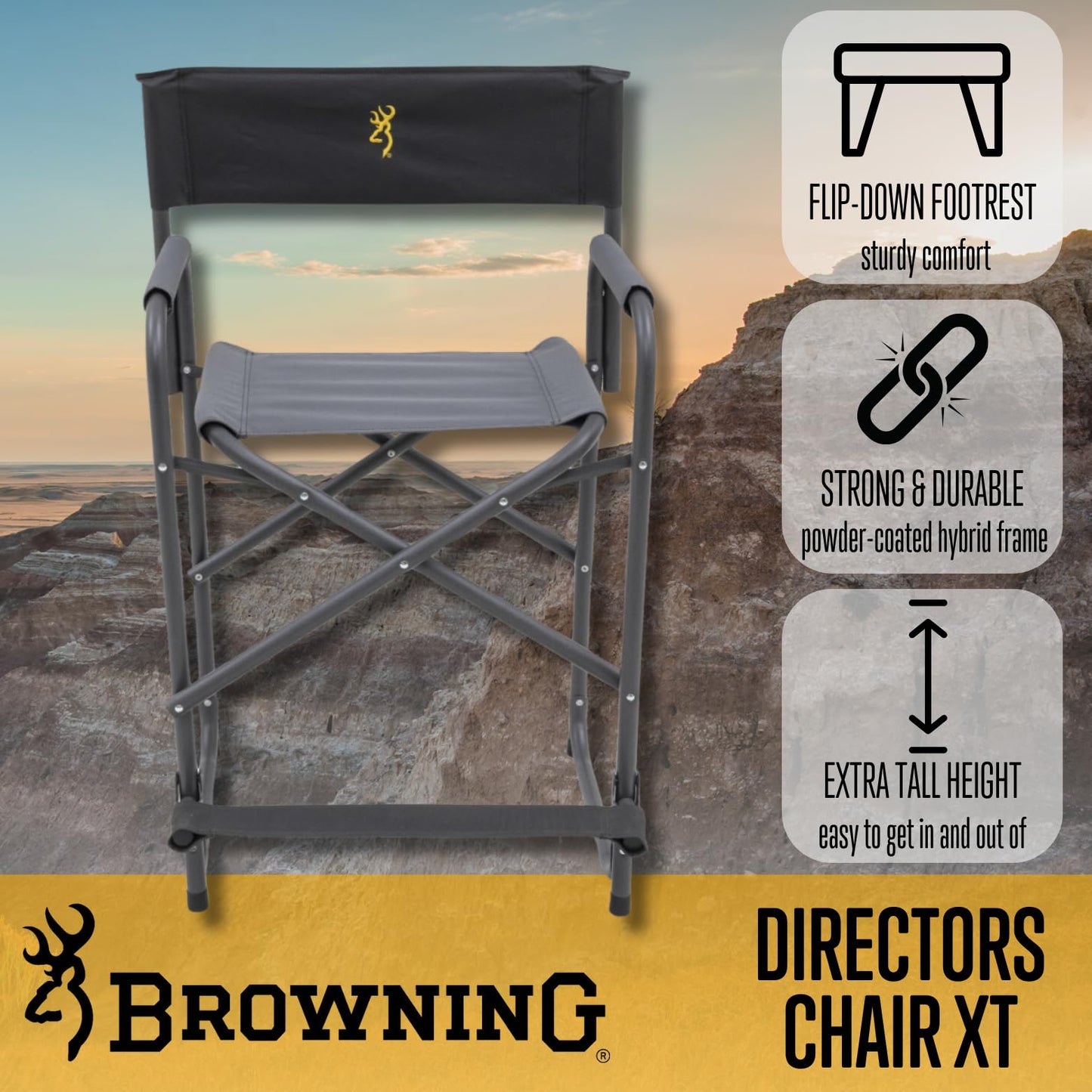 Browning Directors Chair - Outdoor Folding Chairs Made with Durable Fabric and Sturdy Aluminum/Steel Frame, with Extra Tall Seat and Flip-Down Footrest, Regular, Charcoal/Gray