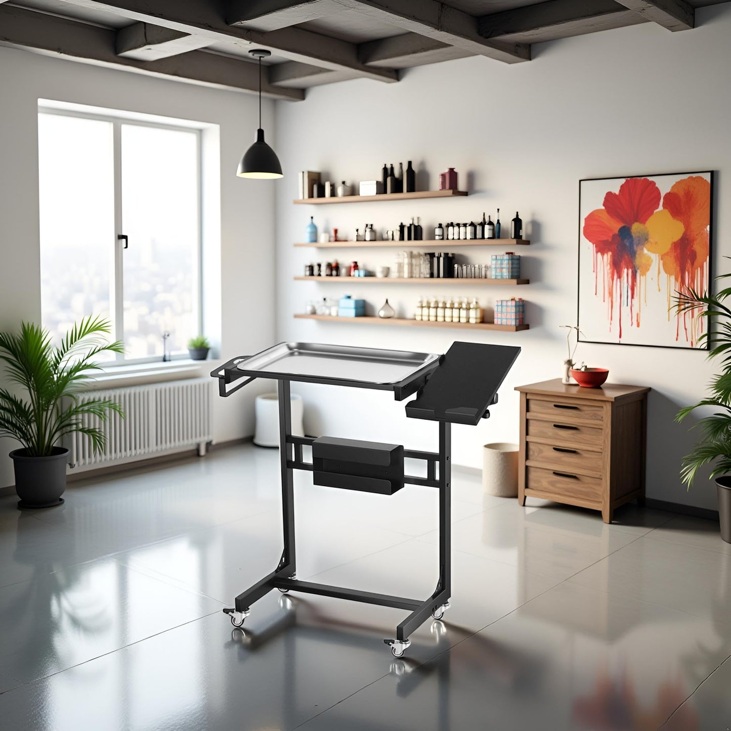 POARMEEY Stainless Steel Tattoo Tray Cart on Wheels, Service Rolling Tray with Extension Rotatable Table Stand, Tattoo Storage Utility Tray for Salon Spa Dental Use