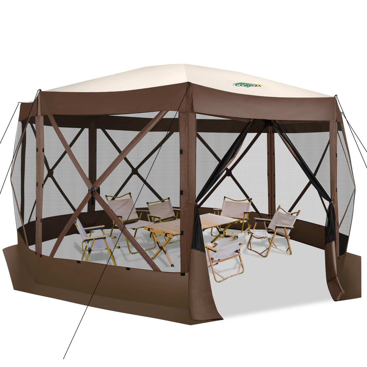COBIZI Pop Up Gazebo Screen Tent Screen House for Camping, 15x15 Screen Room with Mosquito Netting, Hub Tent Instant Screened Canopy with Carrying Bag and Ground Stakes, Brown