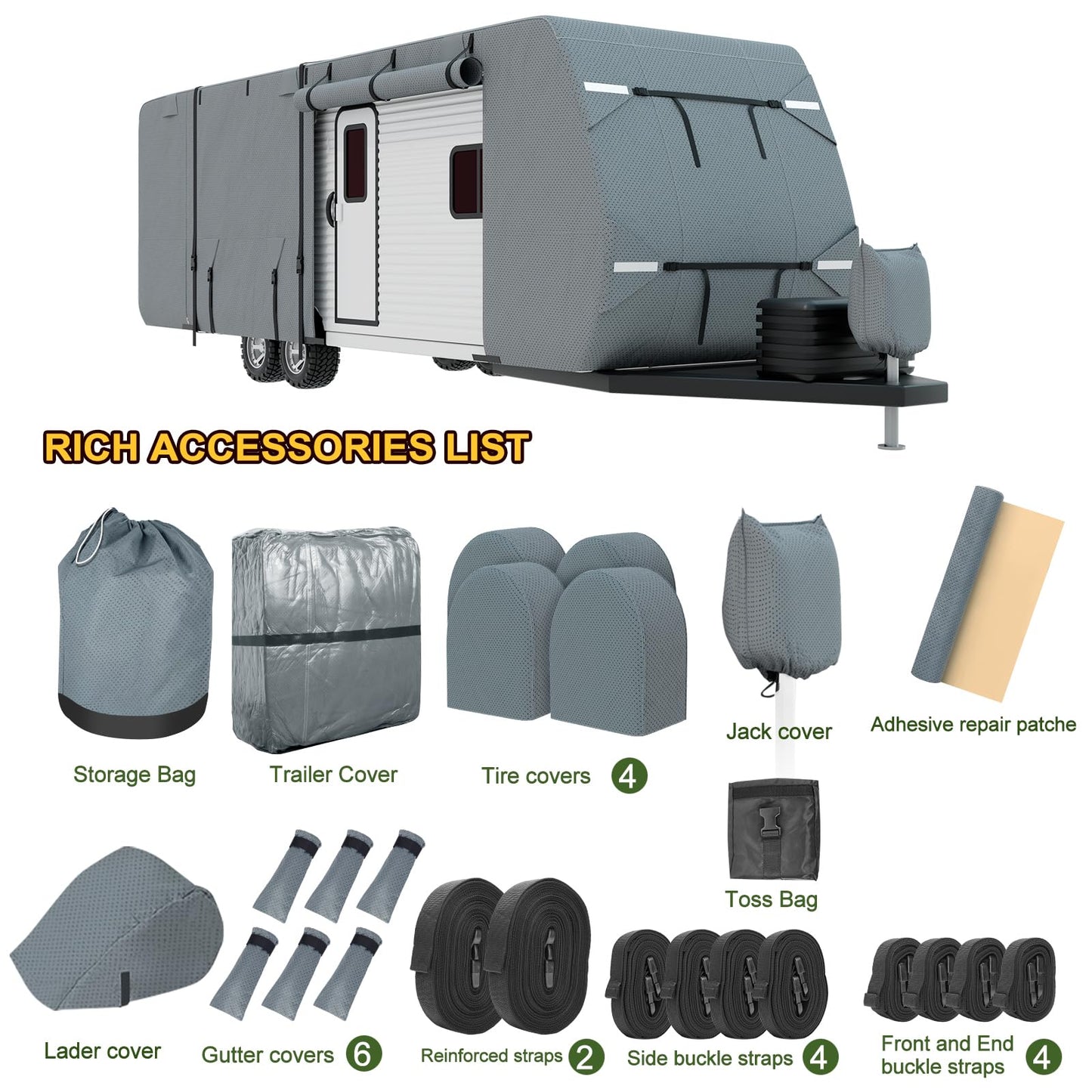 Mofeez Travel Trailer RV Cover, Extra-Thick Upgraded 7 Layers for Camper Cover 27'-30' Windproof Waterproof Rip-Stop RV Covers with Adhesive Repair Patches, 2Pcs Extra Straps & 4 Tire Covers