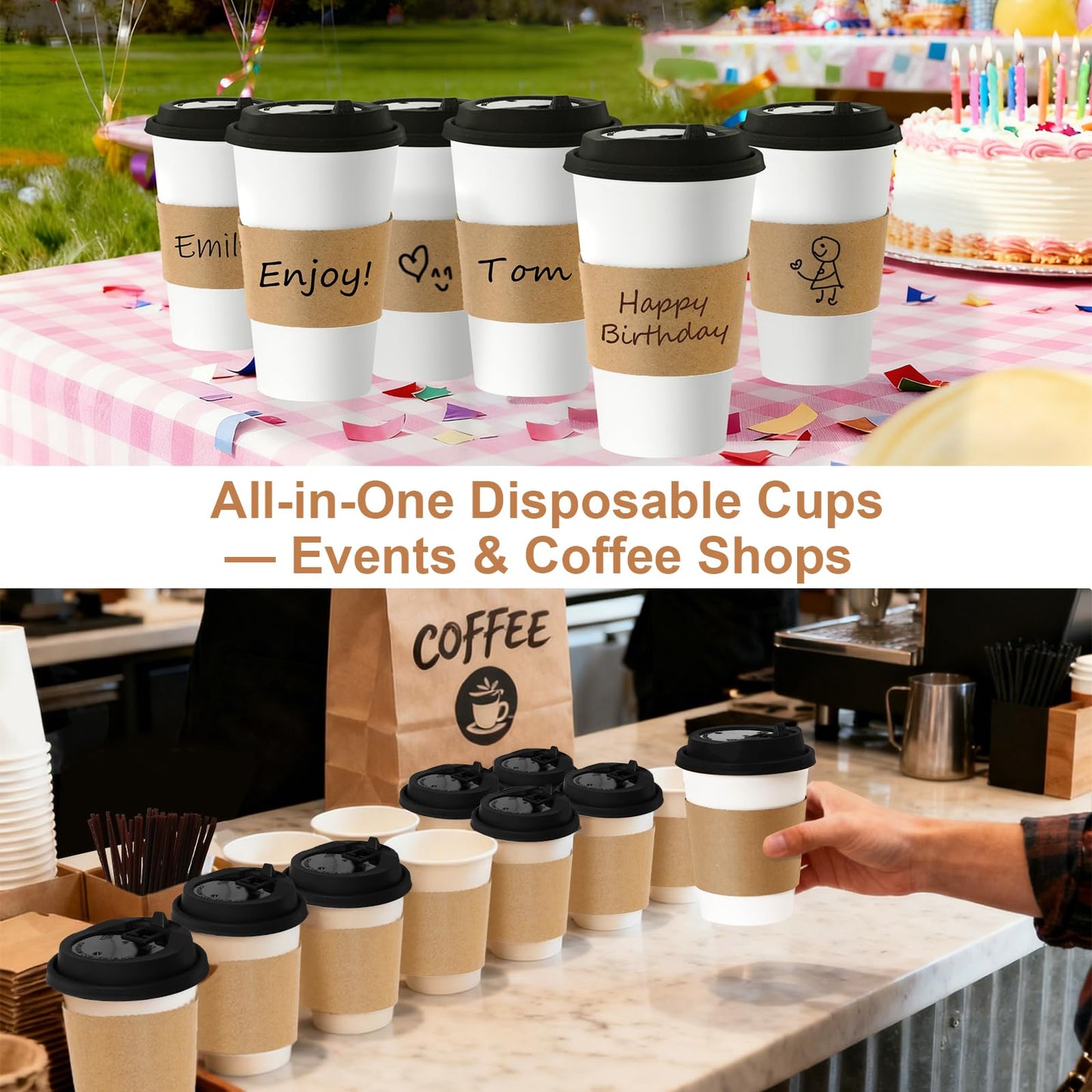 Coolcap 20 oz 500 Pack Coffee Cups with Lids and Sleeves, Straws, Hot Disposable To Go Travel Paper Cups Bulk for Office, Home Coffee Bar Accessories, Chocolate, Cocoa, Beverage (Black)