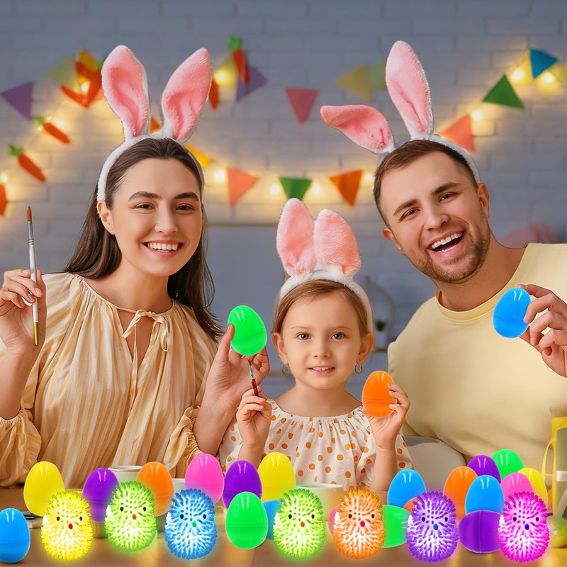PIONJOY 12 Pack Easter Eggs Filled Chick LED Puffer Balls,LED Light Up Toys Stuffers Stress Relief LED Ball for Kids Easter Egg Hunt Filling Treats Easter Basket Stuffers Easter Party Favor
