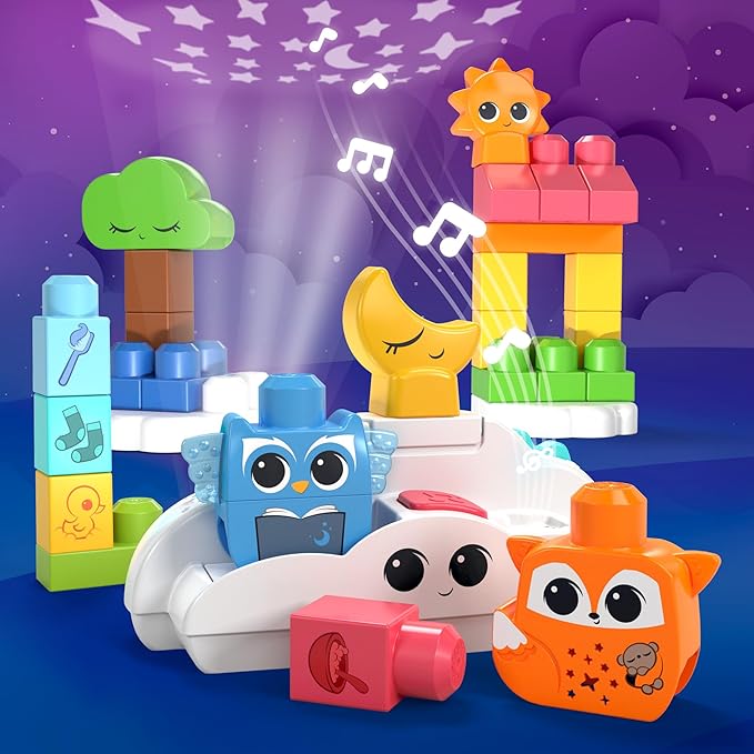 MEGA BLOKS Fisher-Price Toddler Building Blocks Toy Rise & Snooze Night Light with 30 Pieces Sound and Light Effects Star Projector Ages 1+ Years