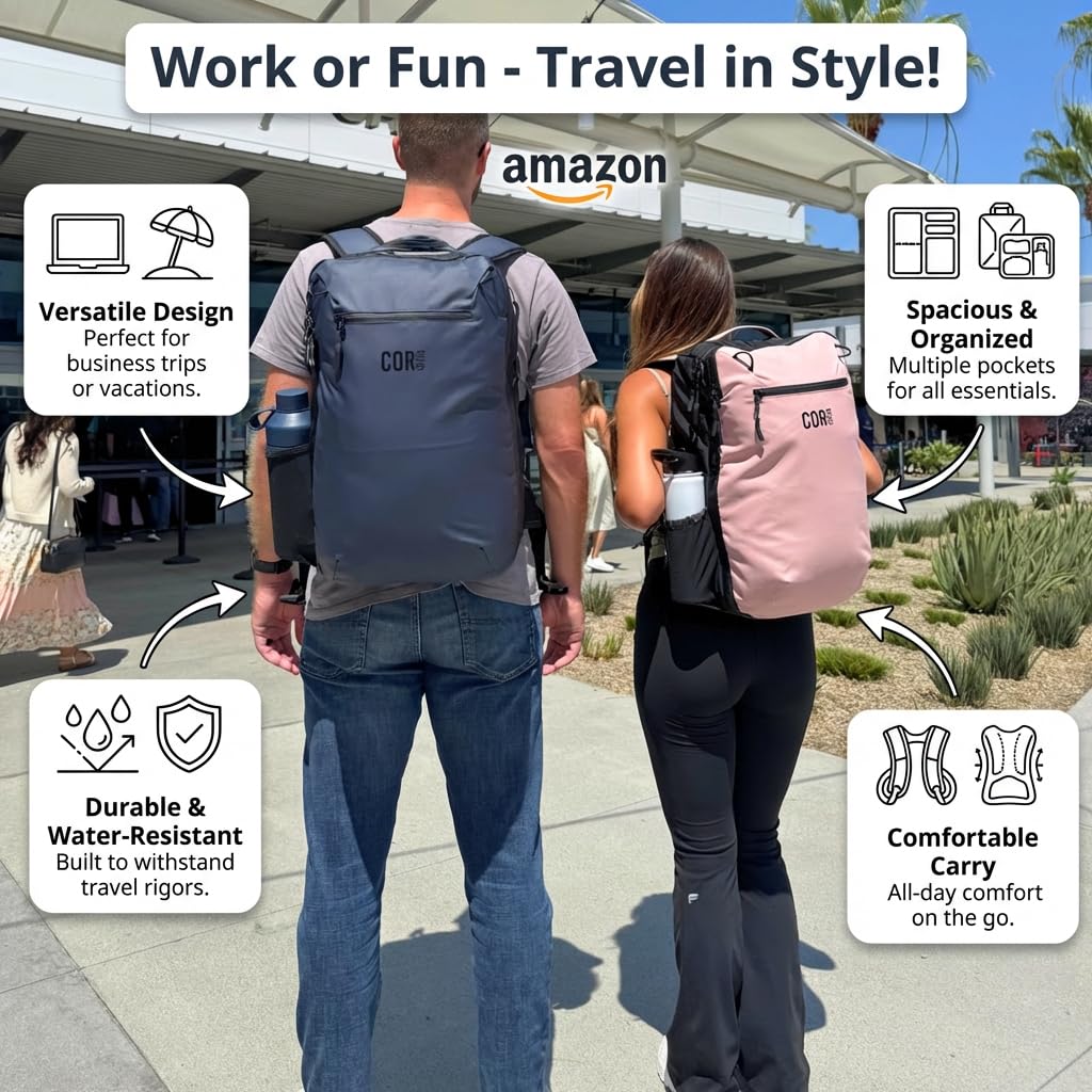 COR Surf Carry On Travel Backpack Bundle | Island Hopper Travel Backpack with Toiletry Bag and Compression Packing Cube Set (28L, Black)