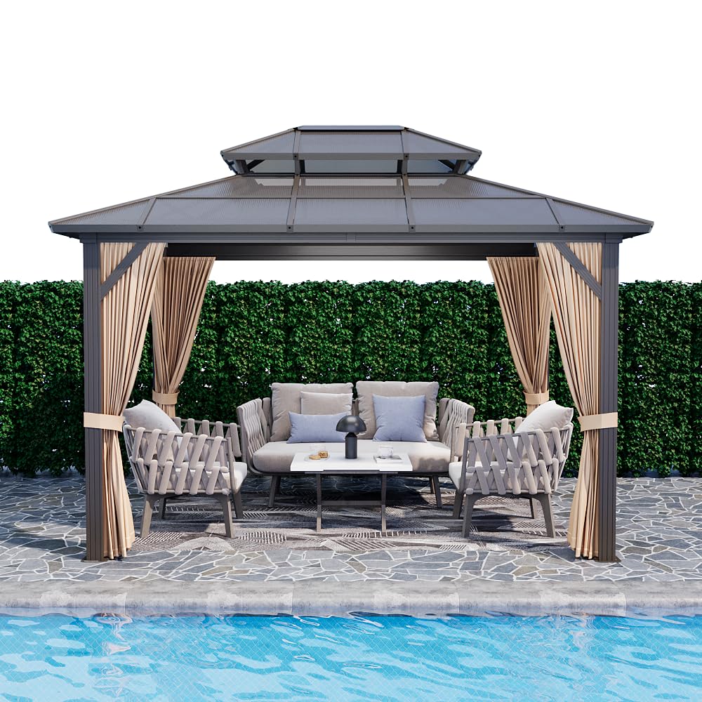 GAOMON 10'x12' Hardtop Gazebo, Outdoor Polycarbonate Double Roof Canopy, Aluminum Frame Permanent Pavilion with Curtains and Netting, Sunshade for Garden, Patio, Lawns