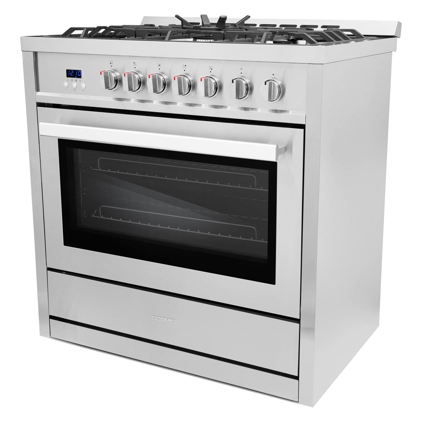COSMO COS-965AGC 36 in. Gas Range with 5 Burner Cooktop, 3.8 cu. ft. Capacity Rapid Convection Oven with 5 Functions, Heavy Duty Cast Iron Grates in Stainless Steel, 36 inches
