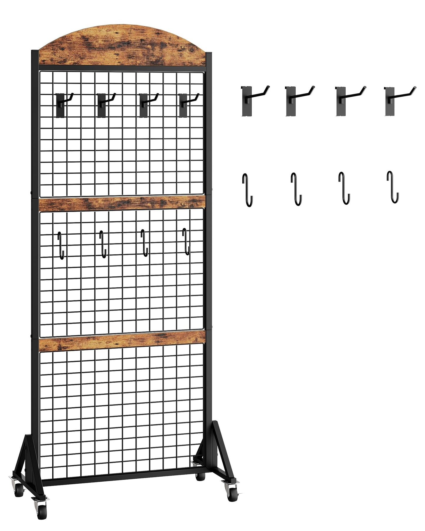 CHOEZON Grid Wall Panel 5.7' x 2' FT Grid Display Rack, 2 Pack Movable Gridwall Display Stand with 8 S-Shaped Hooks and 8 Garment Hooks, Floorstanding Wire Grid Rack, Rustic Brown and Black TCJ17P2BF