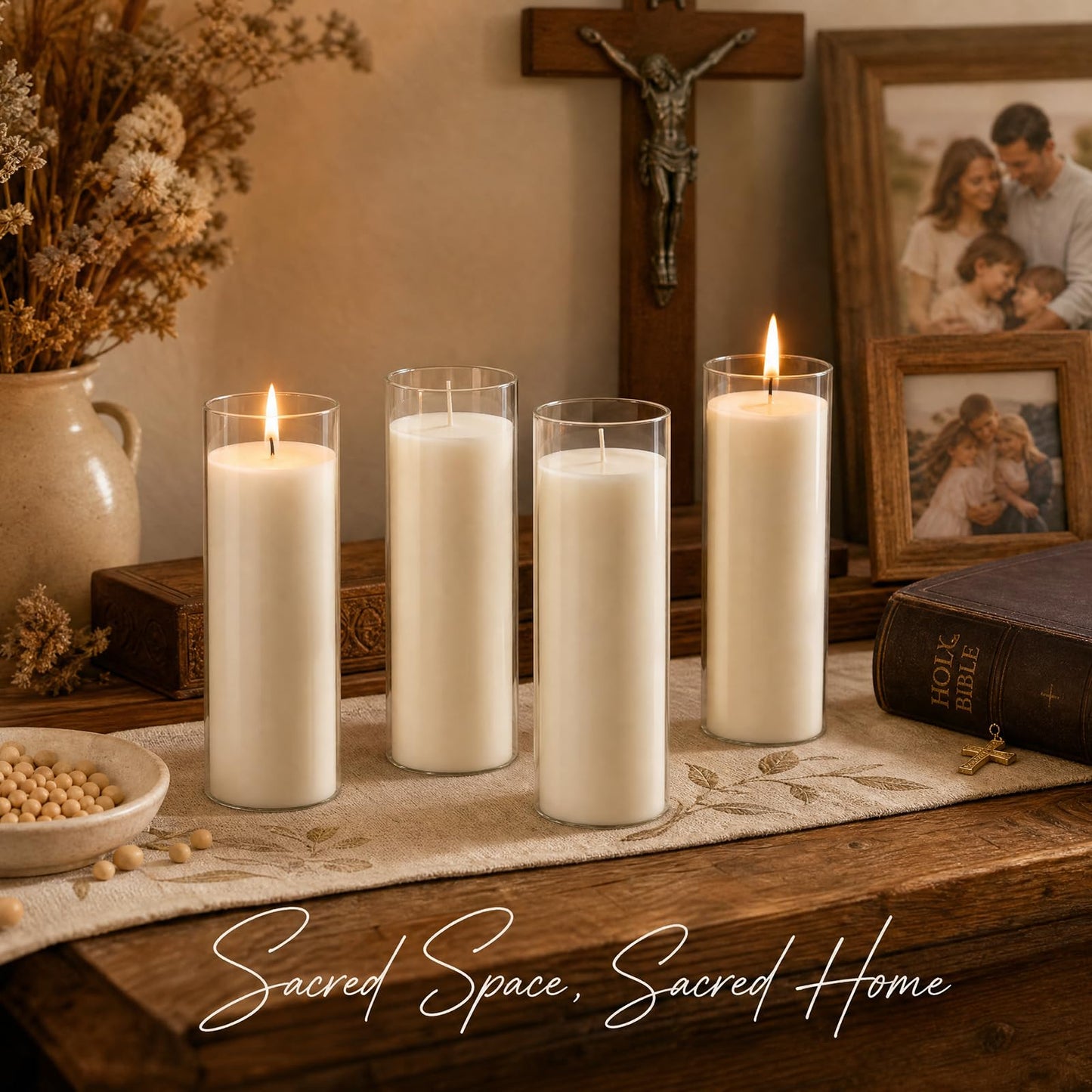 chaoxinge 2.24x7 inch 7 Day White Pillar Candles in Glass Set of 4 Up to 120Hour Burn time, Unscented Prayer, Religious Candles for Memorials, Vigil, and Emergency
