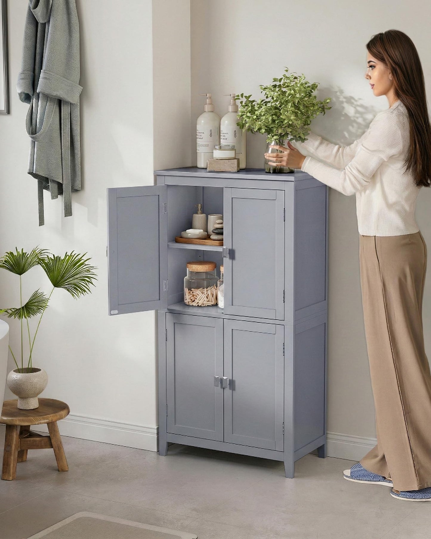VASAGLE Floor Storage Cabinet, Freestanding Storage Unit with 4 Doors, Adjustable Shelves, 11.8 x 23.6 x 43.3 Inches, for Entryway, Bathroom, Dove Gray UBBC552P36V1