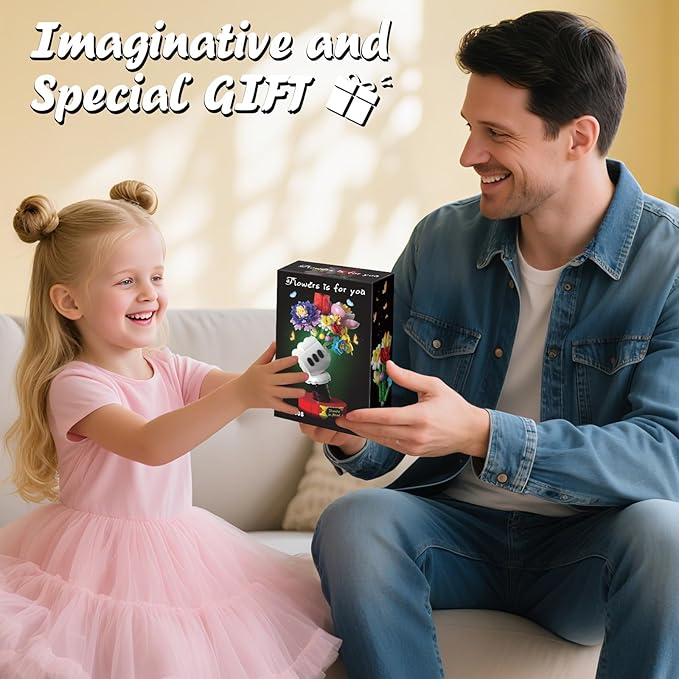 Flower Bouquet Building Set with Display Stand - Artificial Fake Plants Botanicals Flowers for Home Decor for Boys Girls Kids 6+ & Valentines Day Gift for Adults