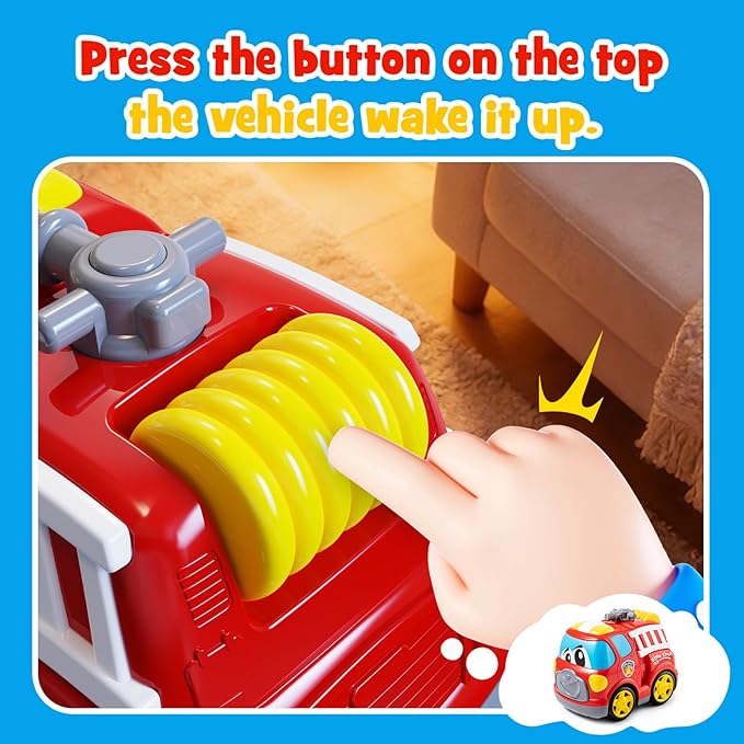 Remote Control Car 2.4G Cartoon Emergency Vehicle RC Fire Truck Engine Toys with Lights & Music Birthday Gifts for Toddlers Kids Boys & Girls 1-5 Years Old (Red)