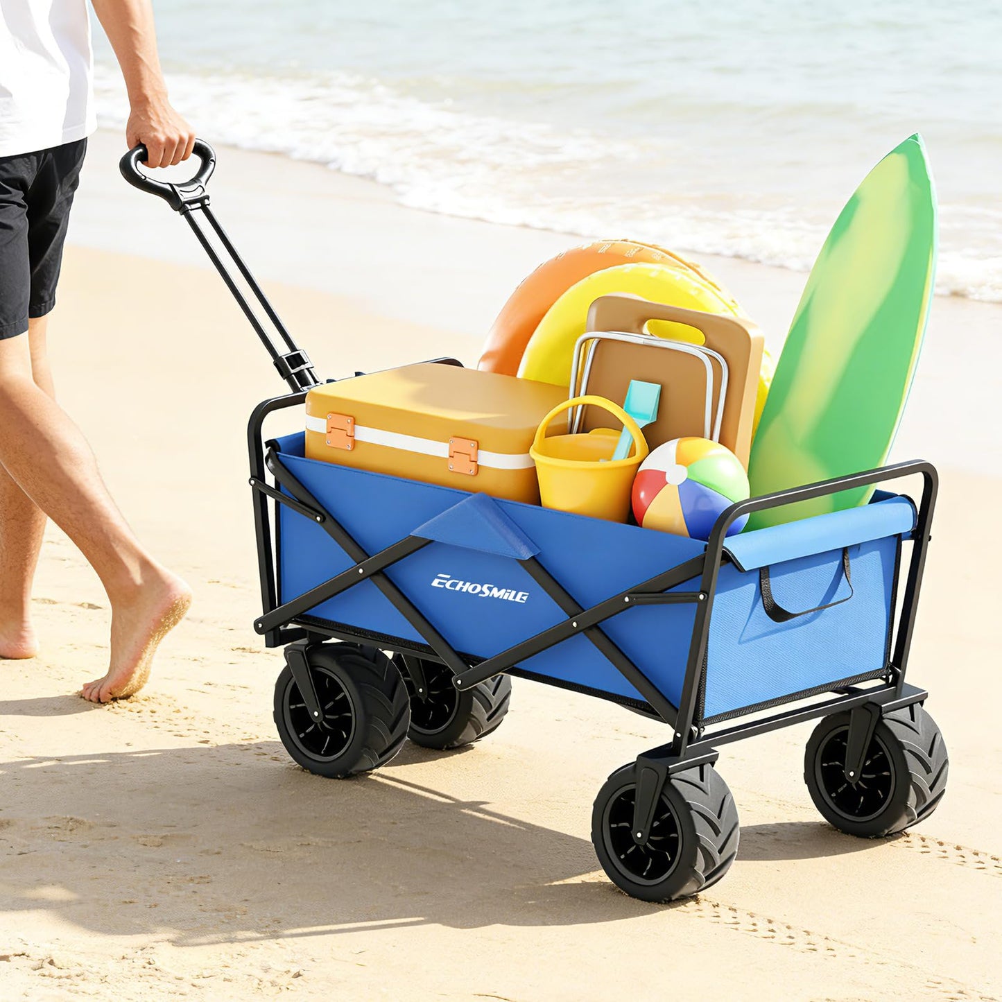 EchoSmile Heavy Duty 350 Lbs Capacity Collapsible Wagon, Outdoor Folding Camping Grocery Portable Utility Cart, Adjustable Rolling Carts, All Terrain Sports Wagon with Big Wheels (Blue)
