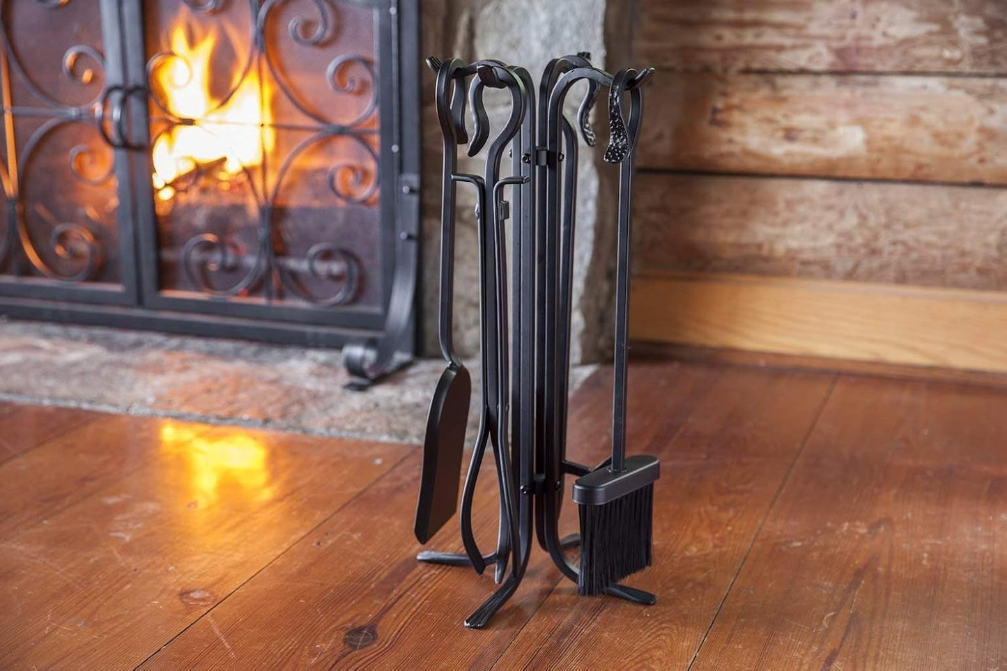 Plow & Hearth 5 Piece Hand Forged Iron Compact Fireplace Tool Set 20" | Black Wrought Iron Handle for Outdoor Indoor | Stand Poker Shovel Brush Log Tongs Wood Stove Accessory