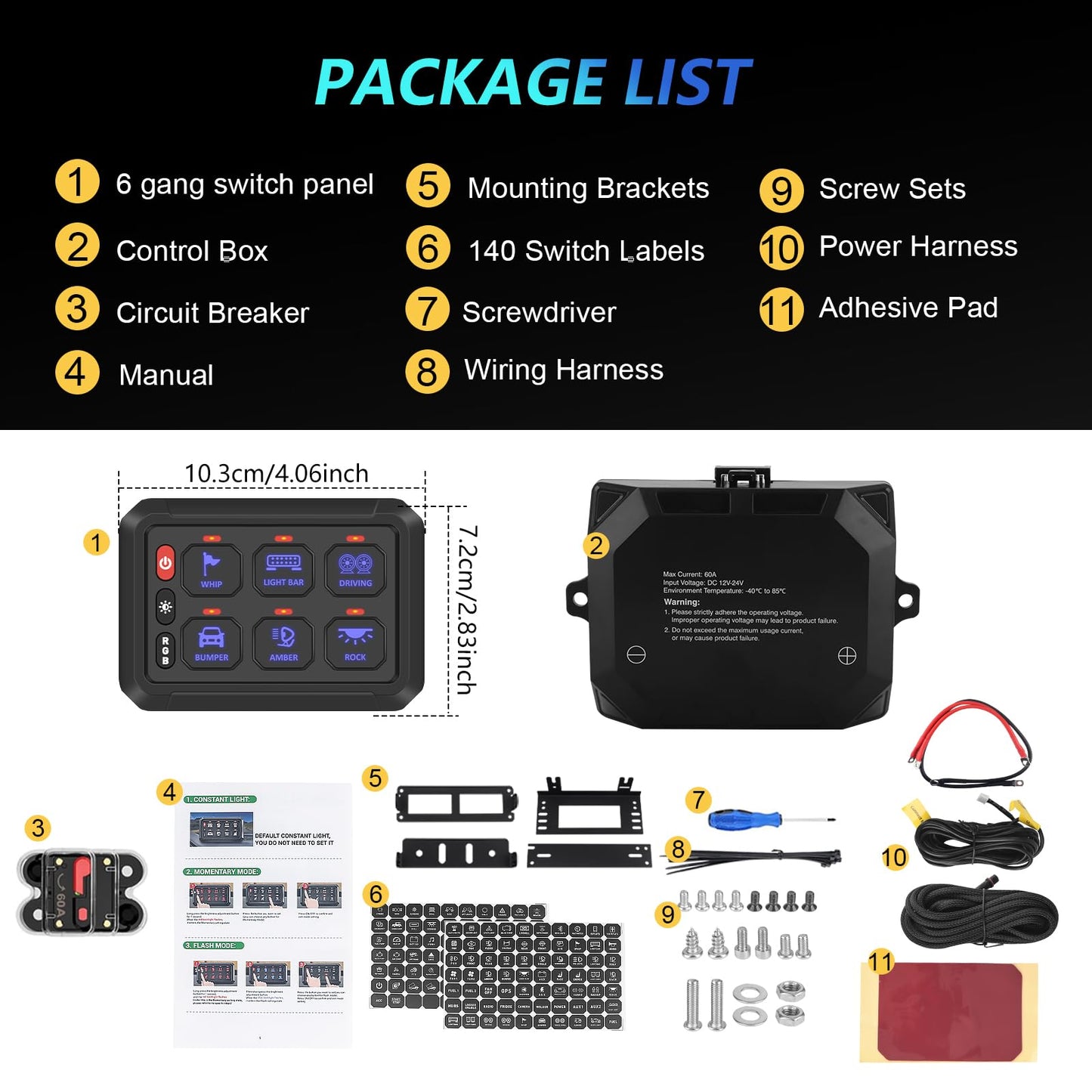 Chelhead 6 Gang Bluetooth Switch Panel Boat Switch Panel with Circuit Breaker IP 65 Waterproof Constant Momentary Flash Strobe Compatible with RV Truck UTV SUV ATV Bus Boat Jeep
