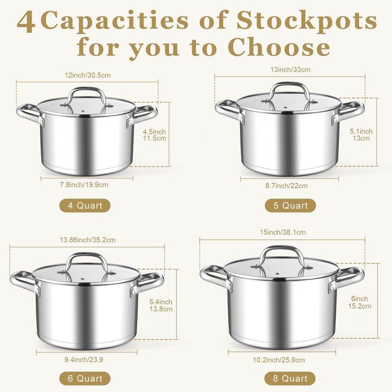 Leonyo Stainless Steel Stock Pot, 8 Quart Stock Pot with Visible Lid, Heavy Duty 3-Ply Induction Cooking Pot for Pasta, Soup, Spaghetti, 18/10 Stainless Steel StockPot for Canning, Boiling, Simmering