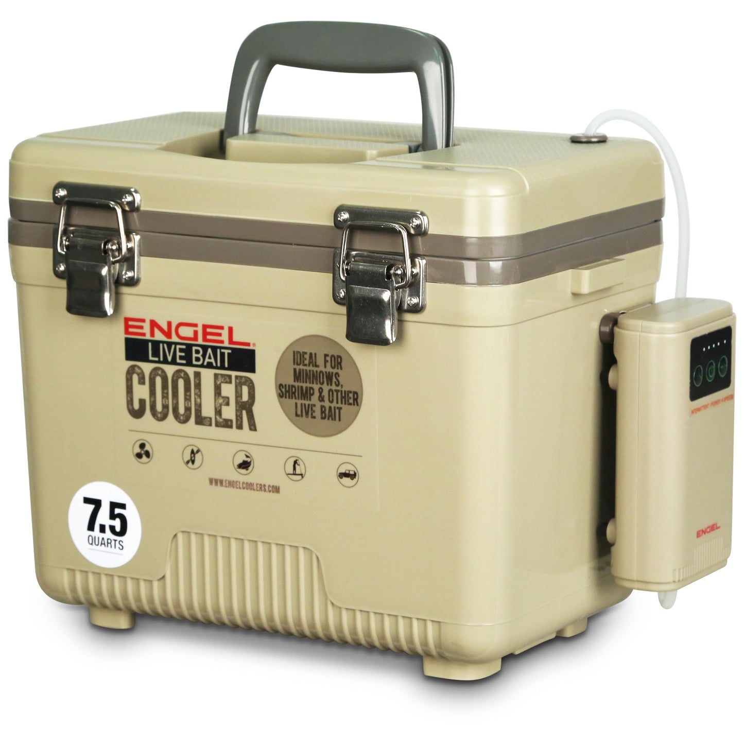 ENGEL 7.5 Quart Live Bait Cooler PRO for Fishing - Portable Minnow and Bait Bucket with Lithium-Ion Rechargeable Aerator - Tan (7.5Qt)