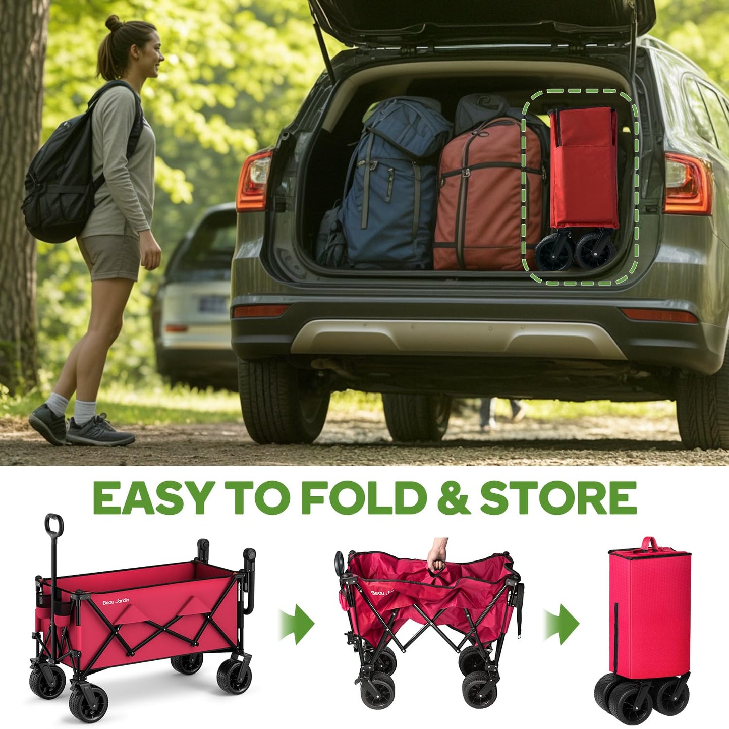 BEAU JARDIN Folding Push & Pull Beach Wagon 500 lbs Collapsible Foldable Wagons with Push Handle All Terrain Wheels Grocery Utility Camping Skiing Ice Fishing Sports Garden Wagon Cart Red