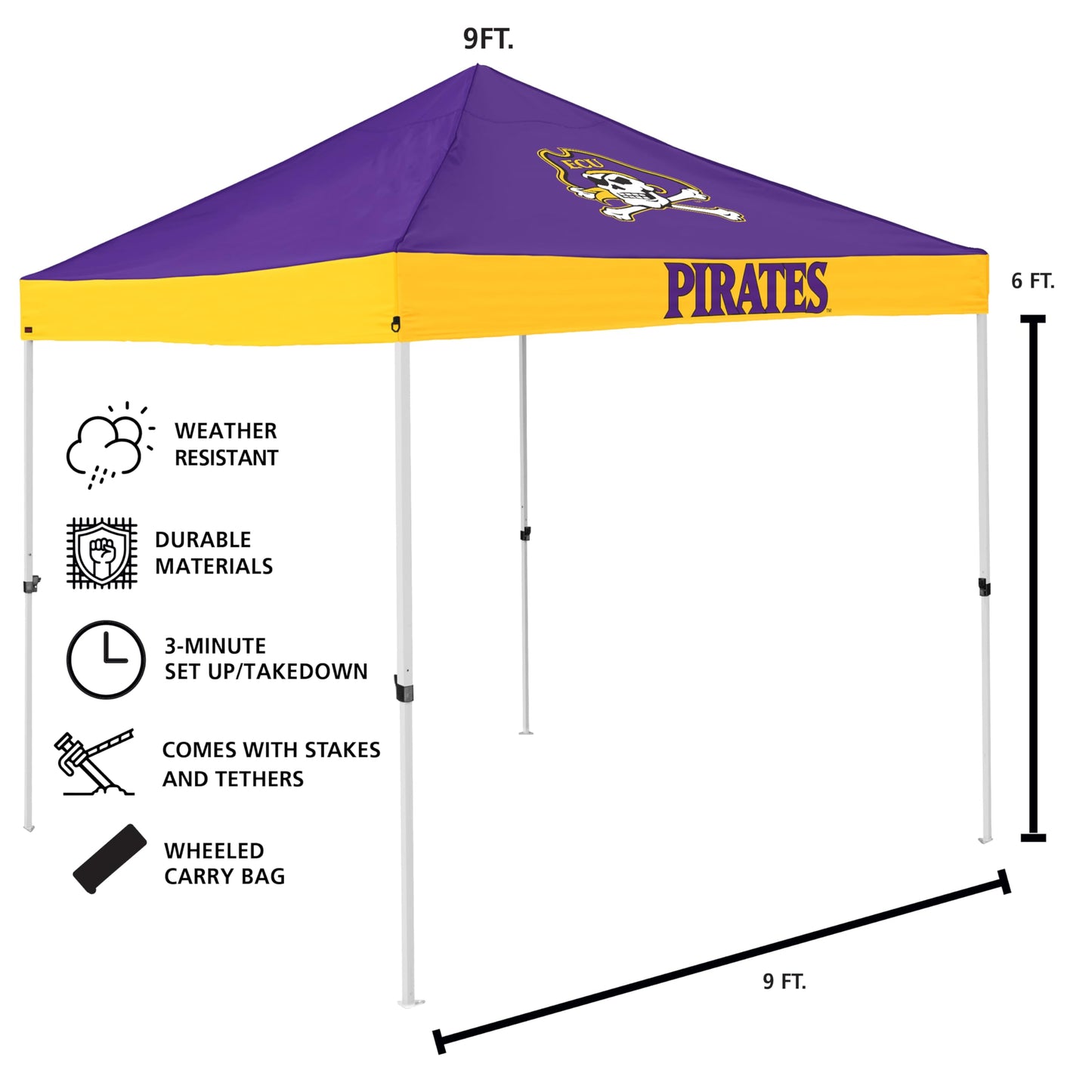 Logo Brands NCAA East Carolina Pirates Economy Canopy Tailgate Tent (9' x 9') – Powder-Coated Steel Frame, Water-Resistant Polyester, Team Color Design