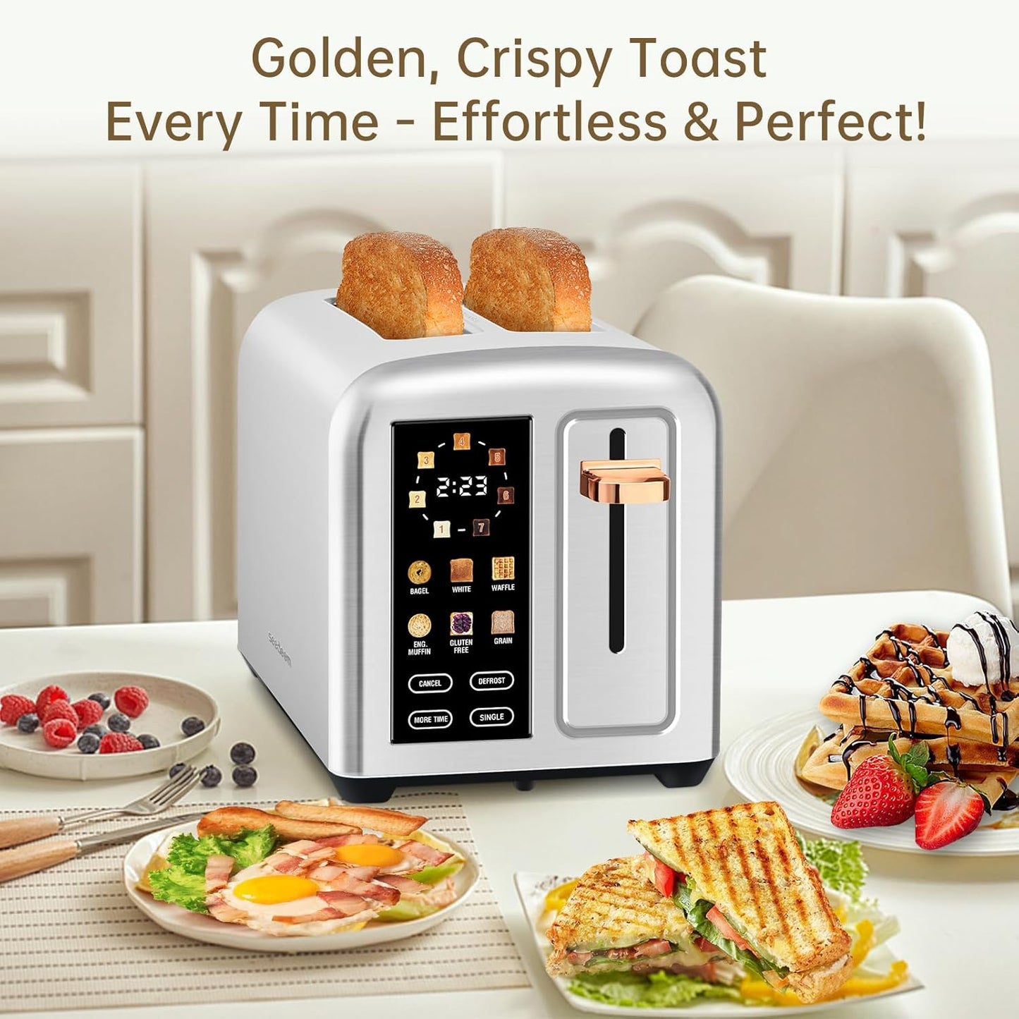 SEEDEEM 2-Slice Toaster - Touch Screen LCD Display, 50% Faster Heating, Stainless Steel, Silver Metallic