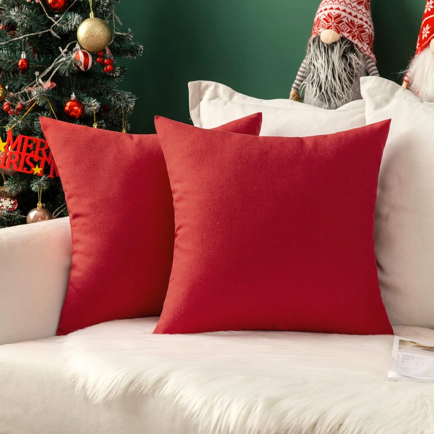 MIULEE Decorative Outdoor Throw Pillow Covers - Waterproof Faux Linen Cushion Cases | 24x24 Inch Red (Pack of 2)