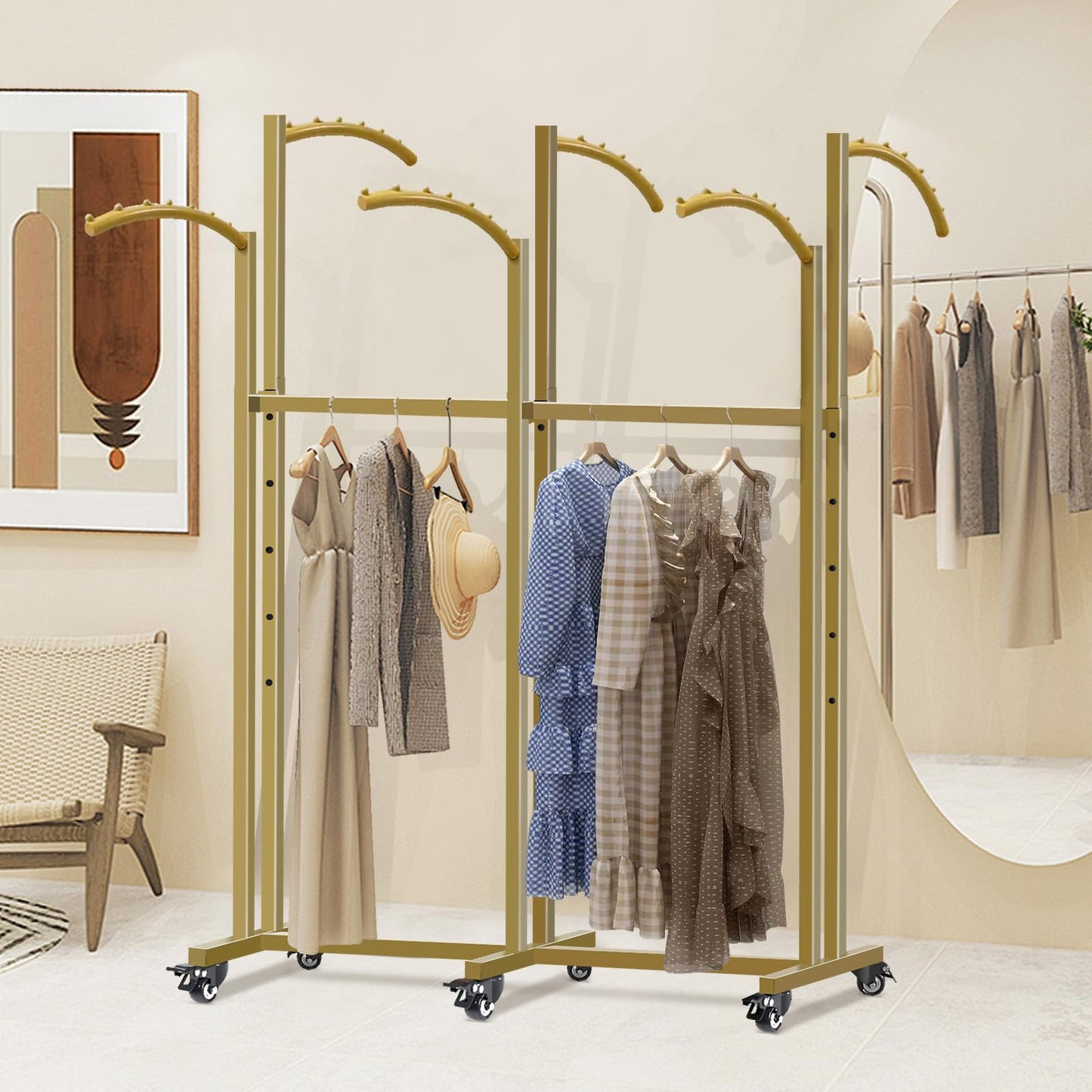 Vrietina Floor Standing Metal Garment Rack, 6 Arms Clothing Display Rack with Wheels, Heavy Duty 48'' to 67'' Adjustable Height Retail Clothes Rack Rolling Shirt Rack for Hanging Clothes, Gold