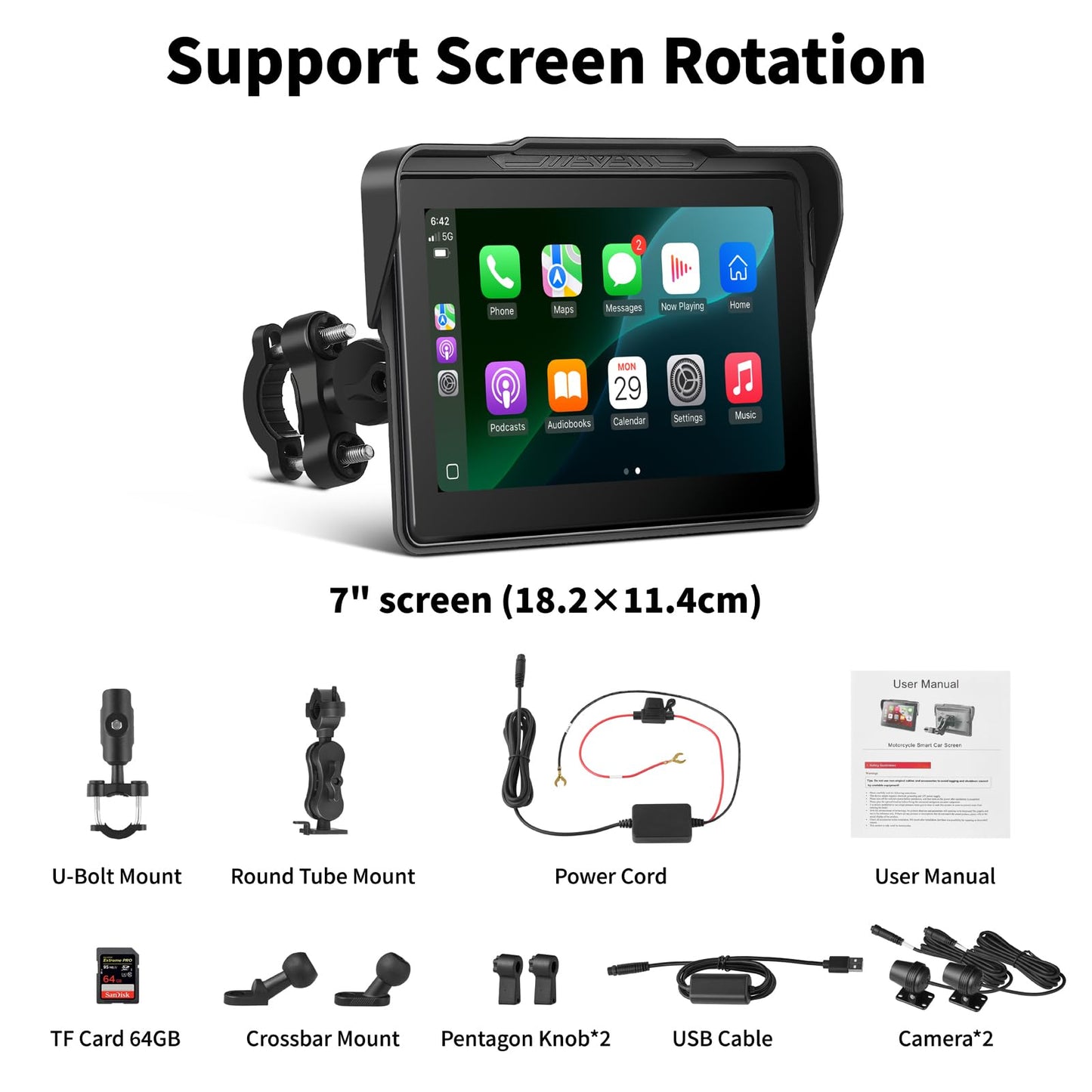 Motorcycle CarPlay Screen 7", Waterproof GPS Display for Motorbike, Wireless CarPlay & Android Auto para Moto, Dual Bluetooth, Touchscreen, Music Sharing Siri (7" Wireless CarPlay) (Dual Camera)