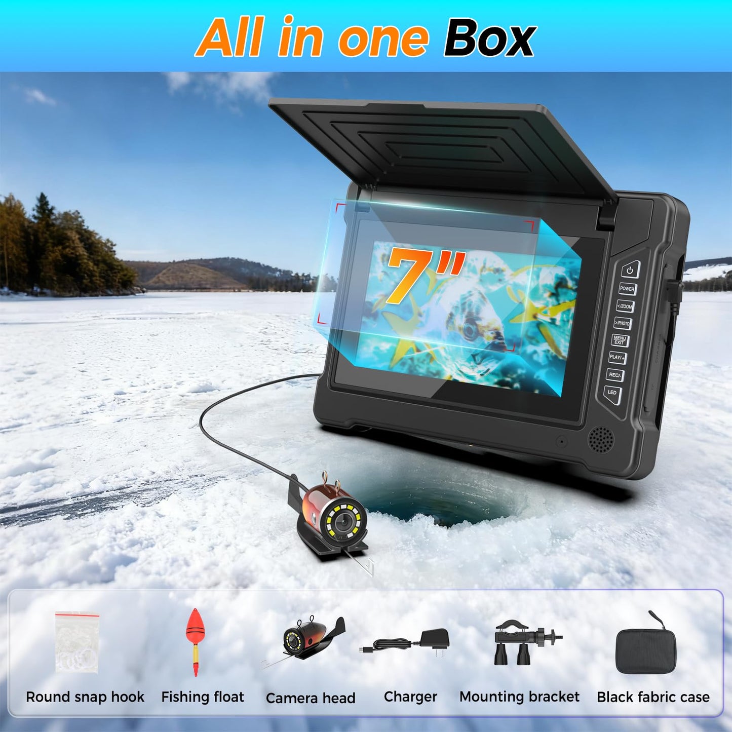 ESANHAO Underwater Fishing Camera 7" LCD Monitor Portable Fish Camera with Light 12pcs & 100ft/30m Cable Waterproof IP68 for Ice Fishing, Lake Sea Boat Kayak Fishing