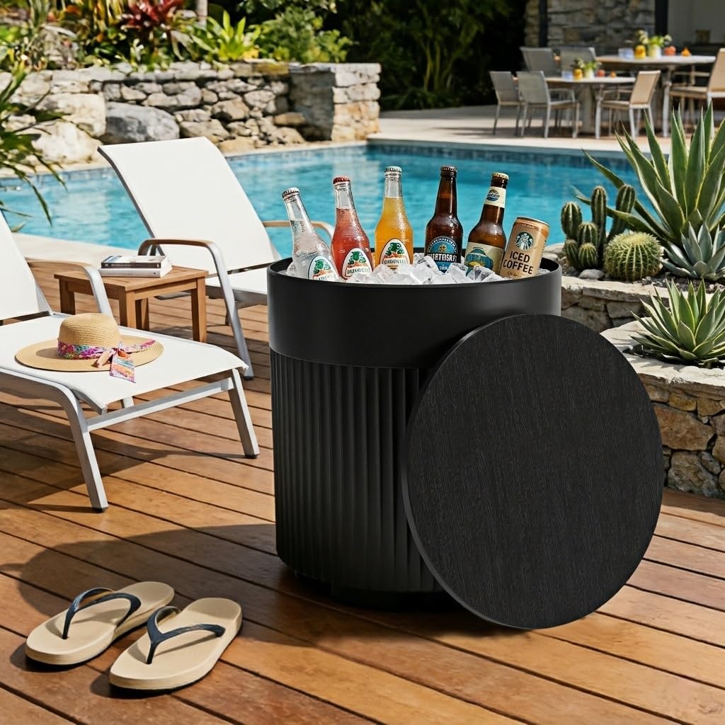 Trygoal Patio Table, 2 PCS Ice Chest Storage, Portable Outdoor Bucket Cooler, 16.65in Outdoor Cooler Side Table - 2 in 1, Ice Chest Side for Parties Picnics Beach, Black
