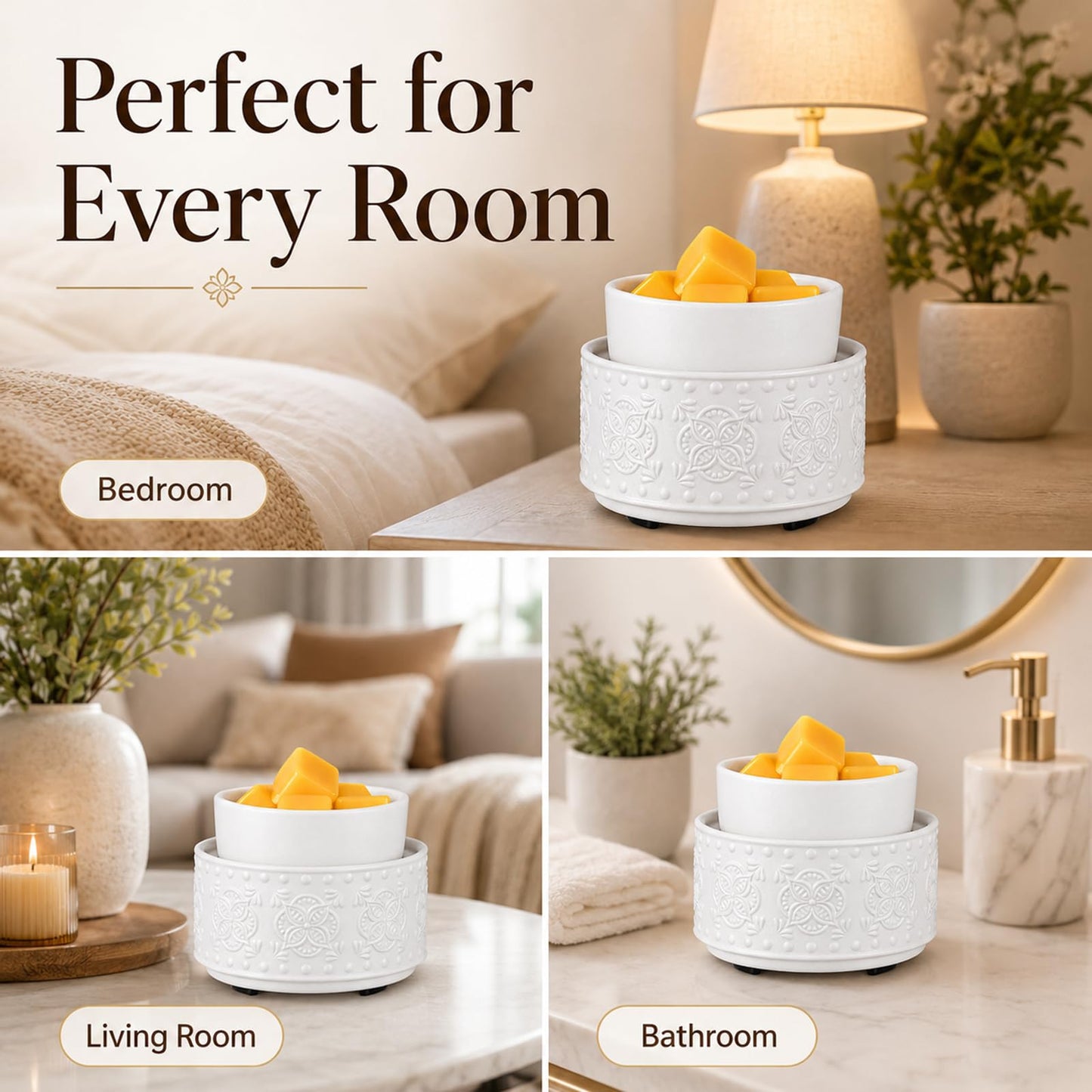 Mocosa Ceramic Candle Wax Melt Warmer for Scented 3-1 Electric Candle Warmer Home Fragrance Burner Perfect Gifts for Mom Women(White-Granular)