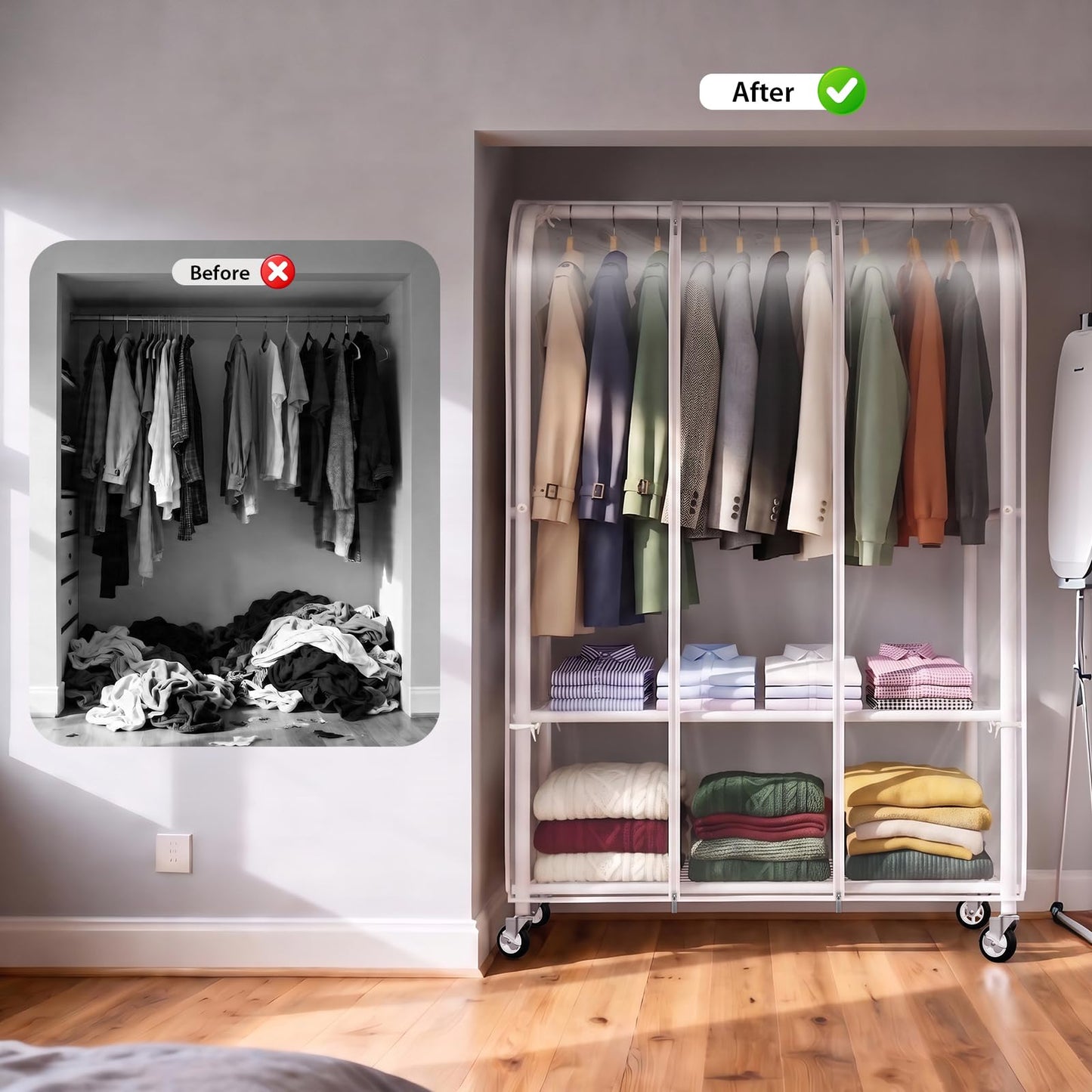 Univivi Clothes Rack with Clear Dust Cover, 2-in-1 Heavy-Duty Clothing Rack with Bottom Storage Shelf, Tool-Free Quick Assembly Portable Closet Rack for Hanging Clothes and Bedroom Closet Organization