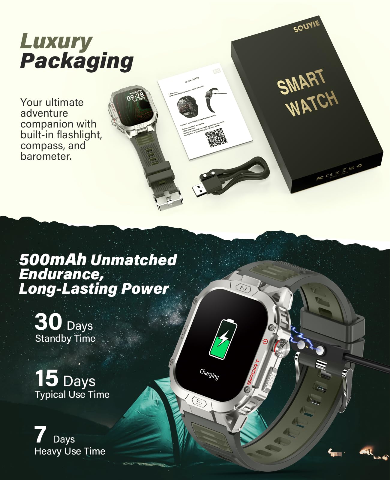 SOUYIE Smart Watch for Men with LED Flashlight, 2.02" HD Display Rugged Outdoor Sport Smartwatch with Compass/Altimeter/Barometer, Waterproof Fitness Tracker, Heart Rate Sleep Monitor for iOS Android