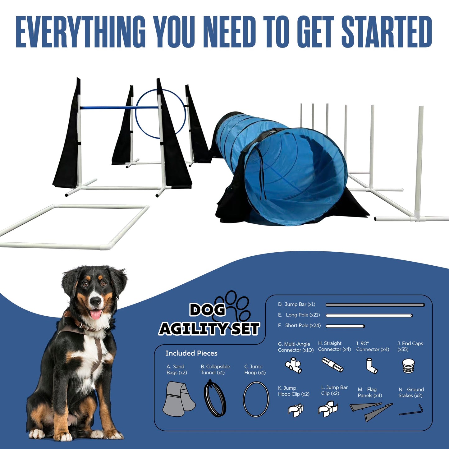 Houseables Dog Agility Course Backyard Set, Dog Agility Equipment, Obstacle Course Backyard, Training and Exercise Equipment, Play Tunnel, Weave Poles, Jumps, Pause Box for Playground, Park, Indoor