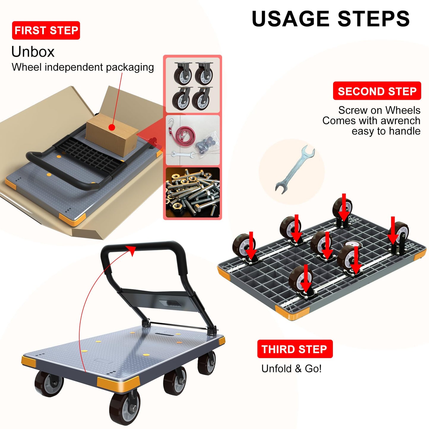 WUD Push Cart, Folding Mobile Platform Trolley,Thickened and Reinforced, 360° Swivel Wheels,47.2 “L x 27.5 ”W, 1764 lb,Gray