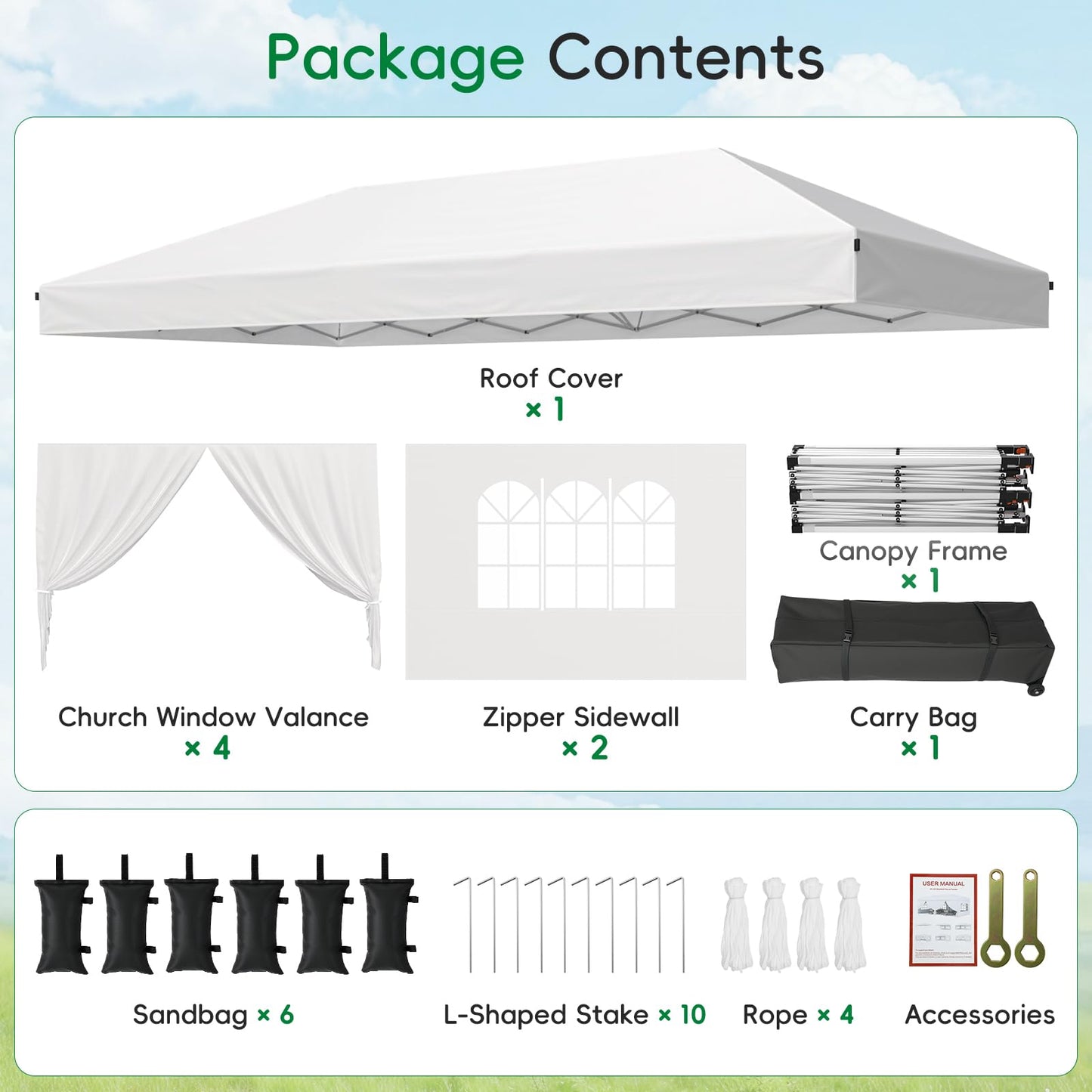 Driftalia 10x20 Pop up Canopy Tent with 6 Sidewalls, Outdoor Canopy with Windows & Roller Bag, Party Tent for Commercial Events, Weddings, Camping - White