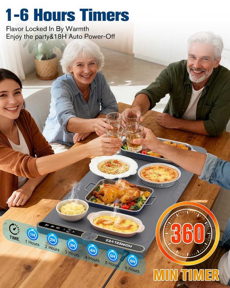 HomeElves Food Warming Mat Extra Large, Rapid Heating Electric Warming Tray with 9 Temp Setting and 6 Hours Timer,Foldable Warming Trays for Food, Portable Food Warmers for Parties Buffet, Gray