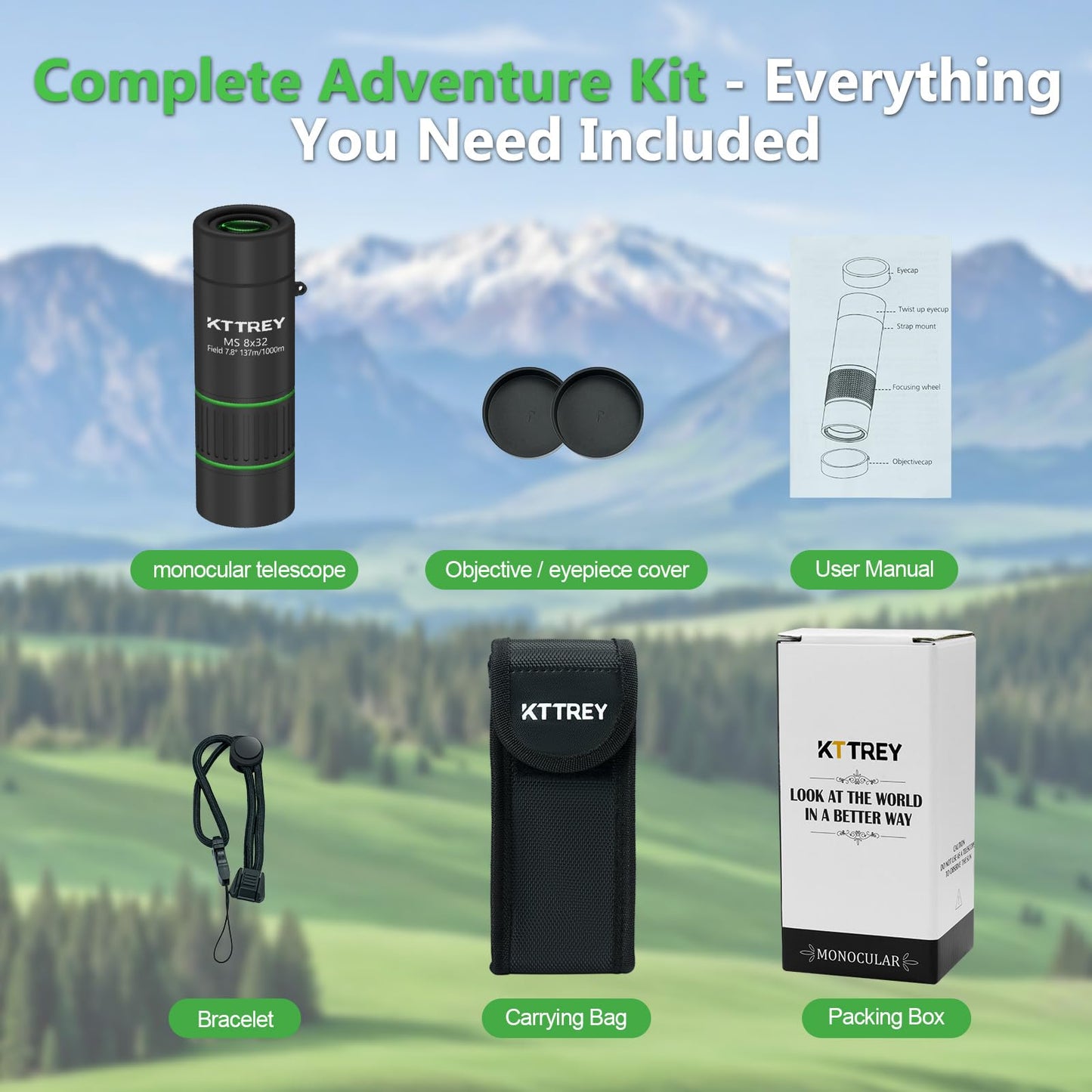 KTTREY 8x32 Monocular Telescope for Adults, High Power BAK4 Prism FMC Coating IPX7 Waterproof Compact Scope for Bird Watching Hunting Hiking Travel Gift with Carrying Case