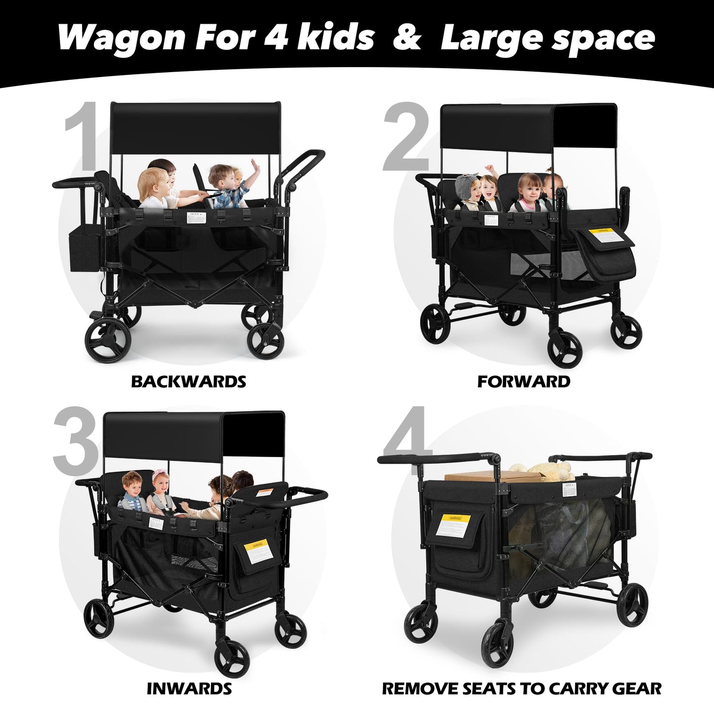 VOOI Stroller Wagon 4 Seater, Wagon for Kids, Collapsible W4 Stroller with Seats with 5-Point Harnesses, Easy Access Zipper Door, and Removable Sun Canopy (Black, W4-Large)