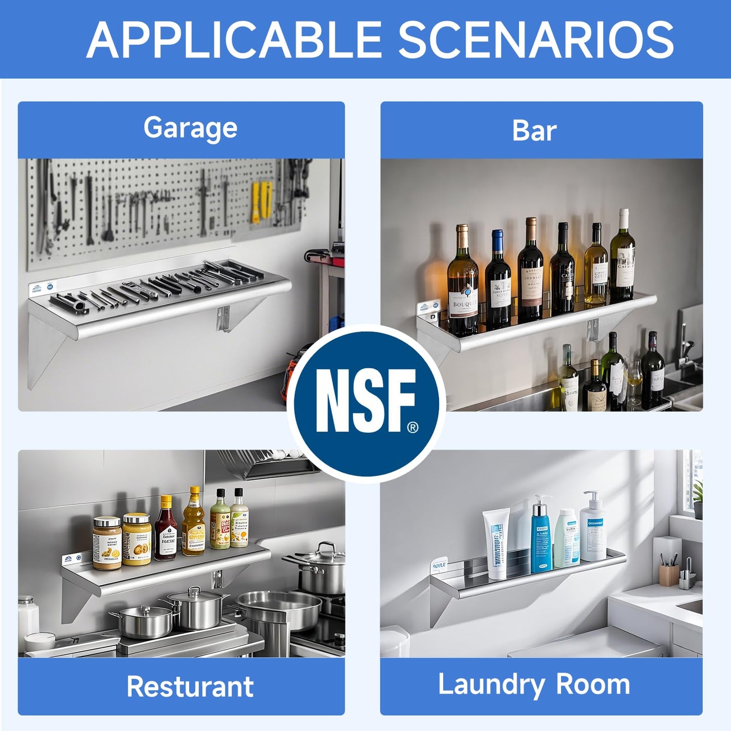 ROCKPOINT Stainless Steel Shelf 14 x 36 Inches 300lb, NSF Metal Commercial Shelves Wall Mount Floating Shelving with Backsplash for Restaurant, Kitchen, Home and Hotel, Silver