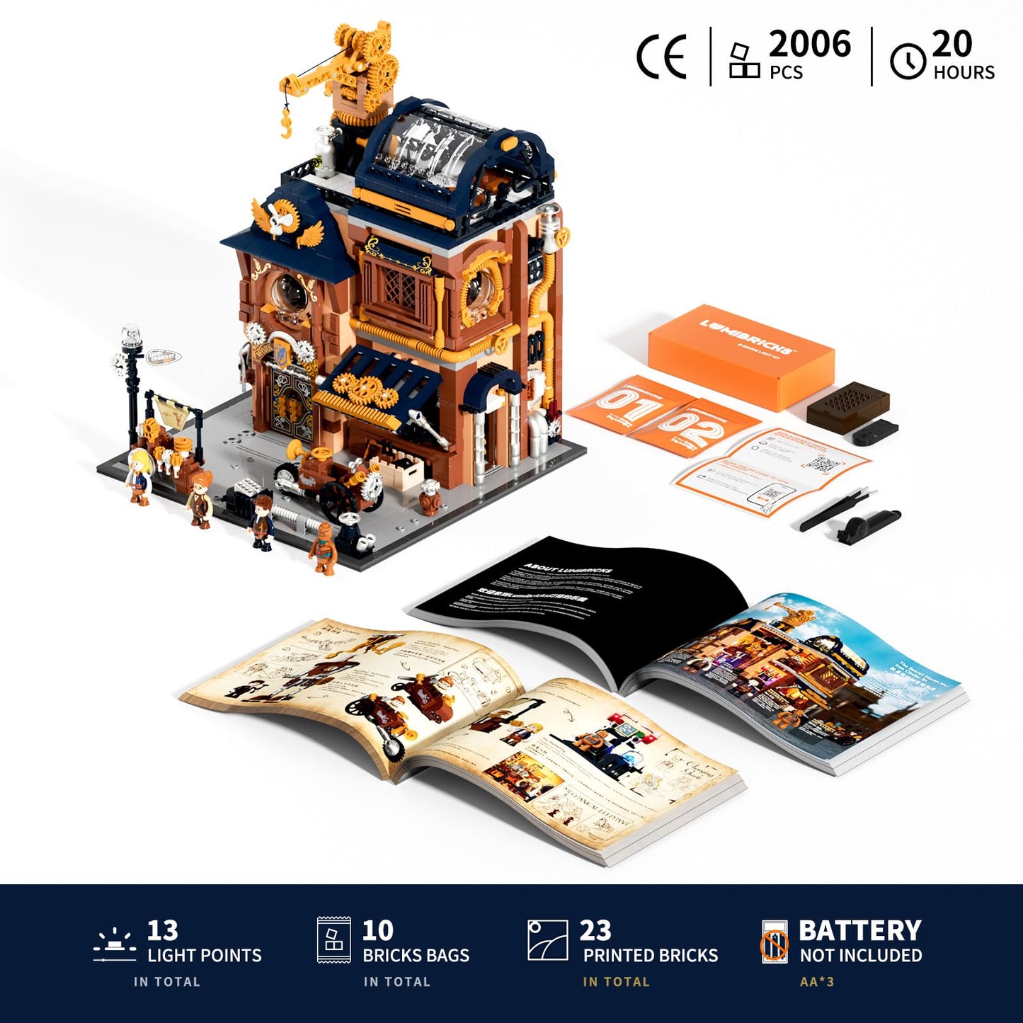 Lumibricks Steampunk Mechanical Workshop Lighting Building-Bricks Set, 2006 Pcs The Sky-Lane Repair Shop Modular Building from Aeronauts Collection Display Set for Adults and Steampunk Lovers